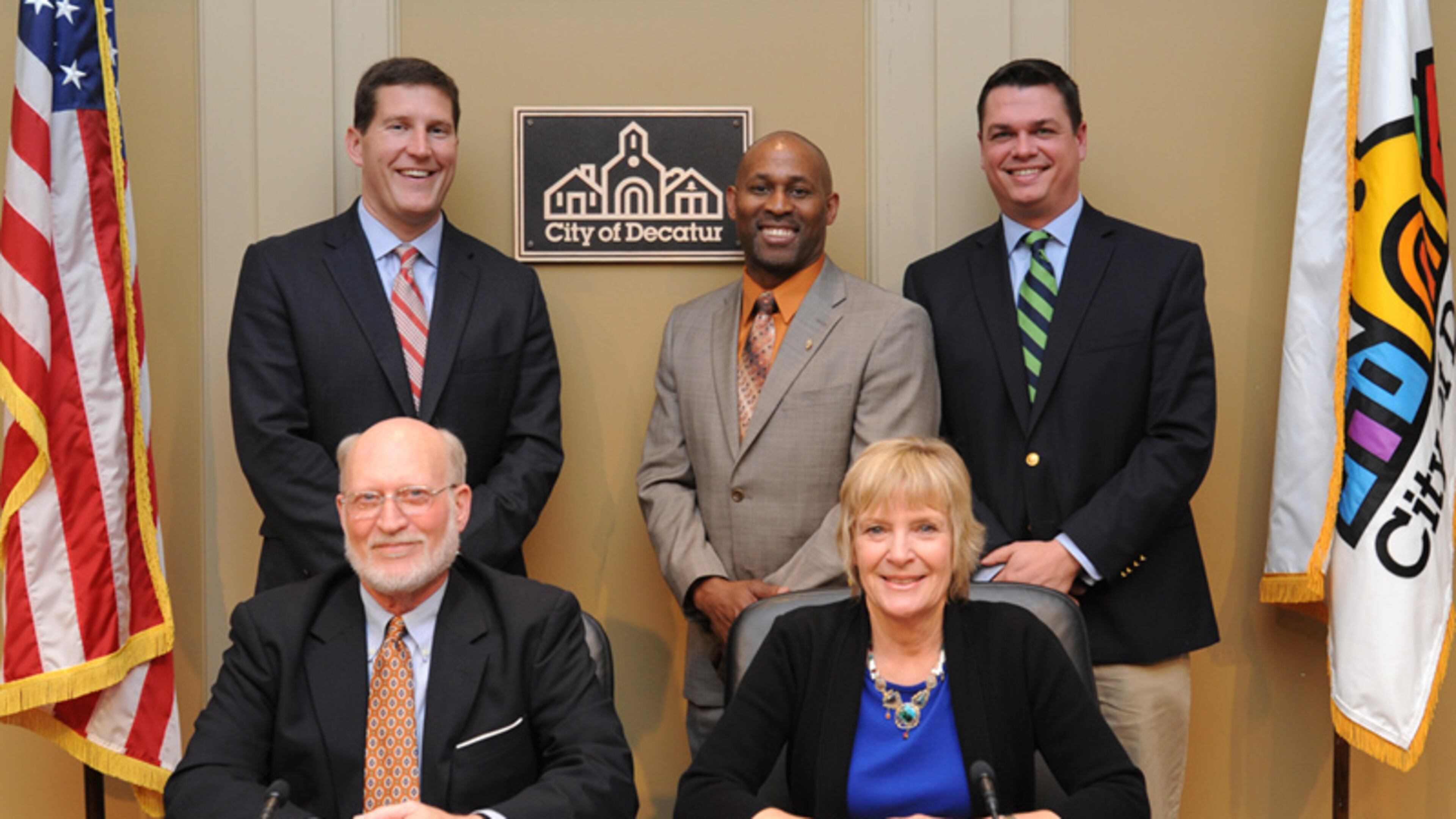 Decatur’s commission is one step removed from getting its first raise in 23 years. Back row L-R: Brian Smith, Tony Powers and Scott Drake. Front row: Mayor Pro Tem Fred Boykin, and Mayor Patti Garrett. Courtesy City of Decatur.
