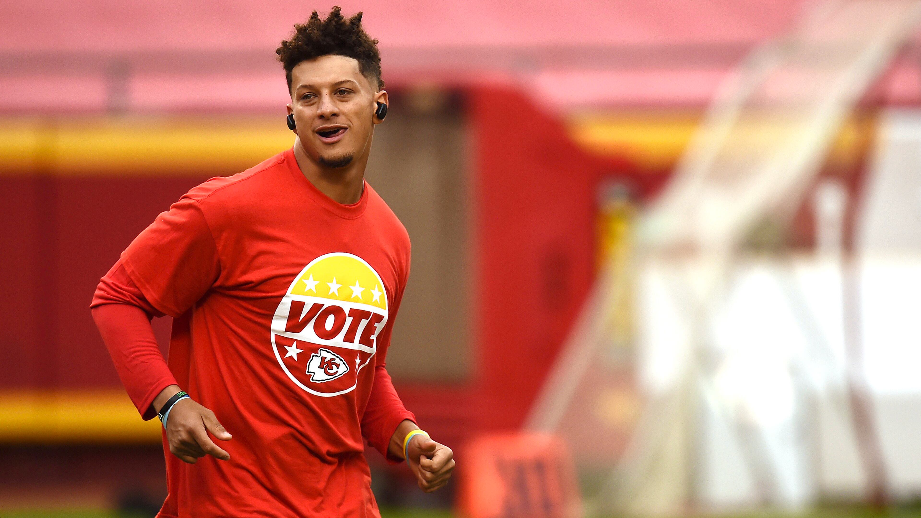 Kansas City Chiefs quarterback Patrick Mahomes warms up in a shirt with a message to vote Thursday, September 10, 2020 before the Chiefs took on the Houston Texans in the NFL season opener at Arrowhead Stadium in Kansas City, Missouri. The Chiefs won 34-20. (Tammy Ljungblad/The Kansas City Star/TNS)
