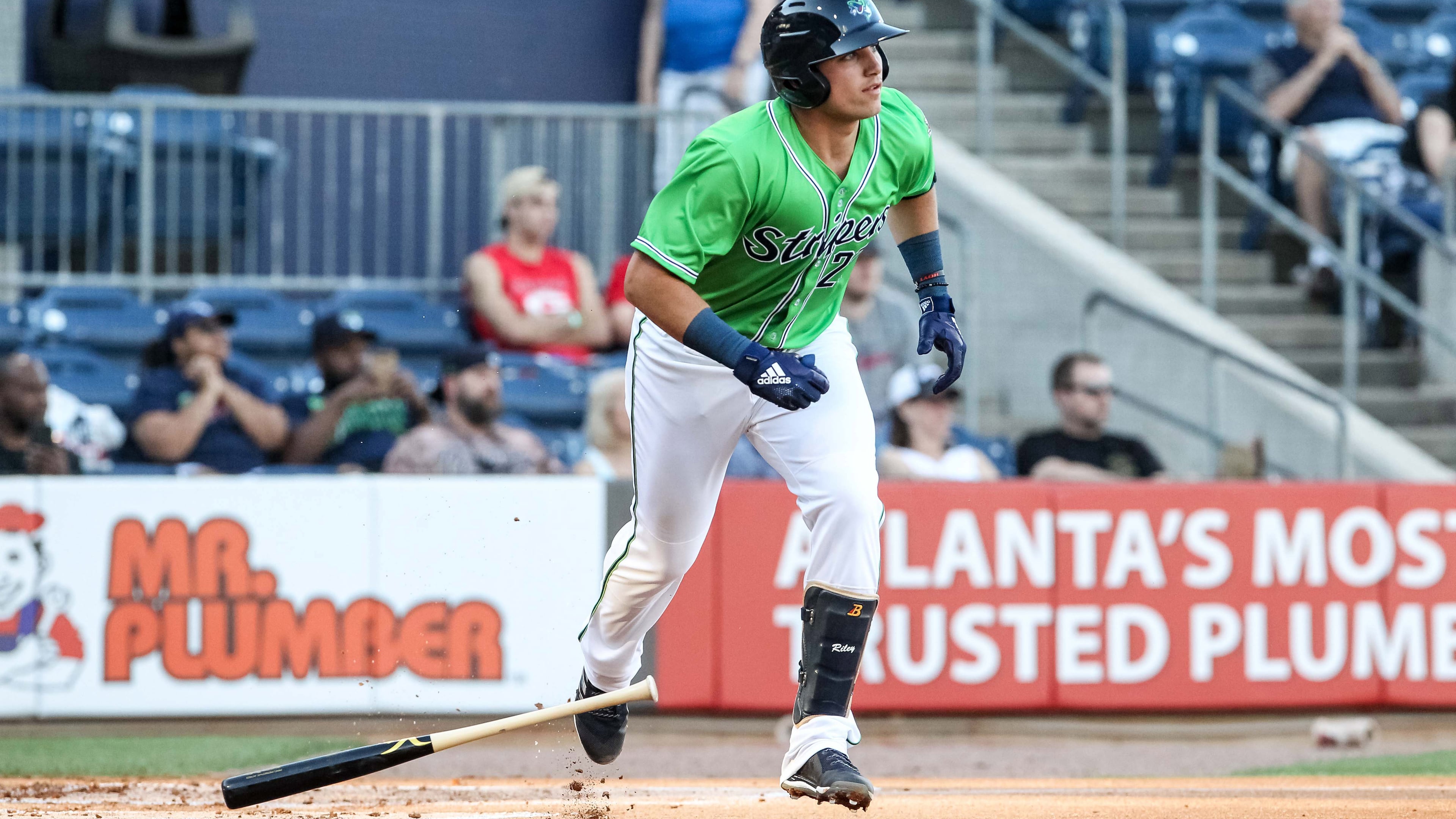 Braves third base prospect Austin Riley made his Triple-A debut Monday, May 7, 2018, going 1-for-5 with a single and three strikeouts in the Gwinnett Stripers' 5-4 loss to the Charlotte Knights.