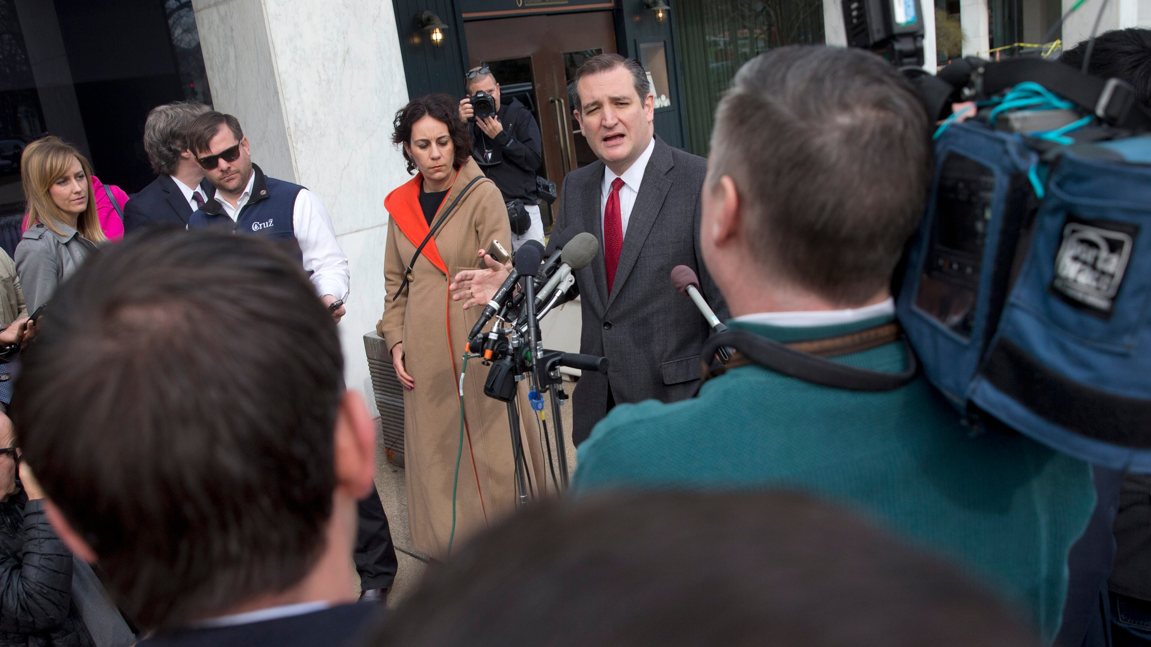 Republican presidential candidate, U.S. Sen. Ted Cruz, R-Texas, speaks about events in Brussels on Tuesday near the Capitol in Washington. AP/Jacquelyn Martin