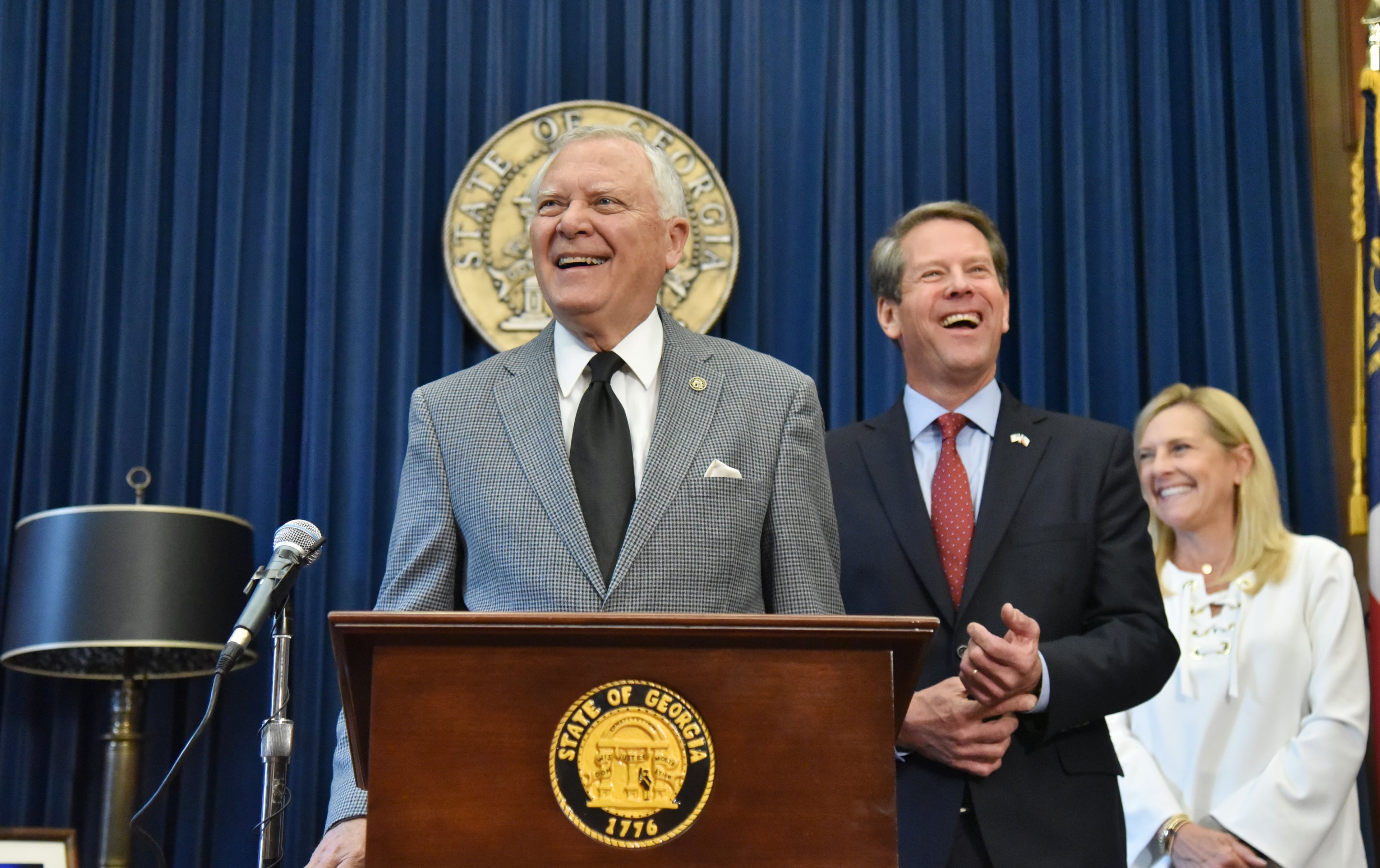 November 8, 2018 Atlanta - Gov. Nathan Deal, former Secretary of State Brian Kemp and Marty Kemp share a smile as Gov. Deal responses to members of the press at the Governorâs Office on Thursday, November 8, 2018. Republican Brian Kemp on Thursday resigned as secretary of state, saying he needs to start the work of transitioning to the stateâs top office after earning a âclear and convincing victoryâ at the ballot box. HYOSUB SHIN / HSHIN@AJC.COM