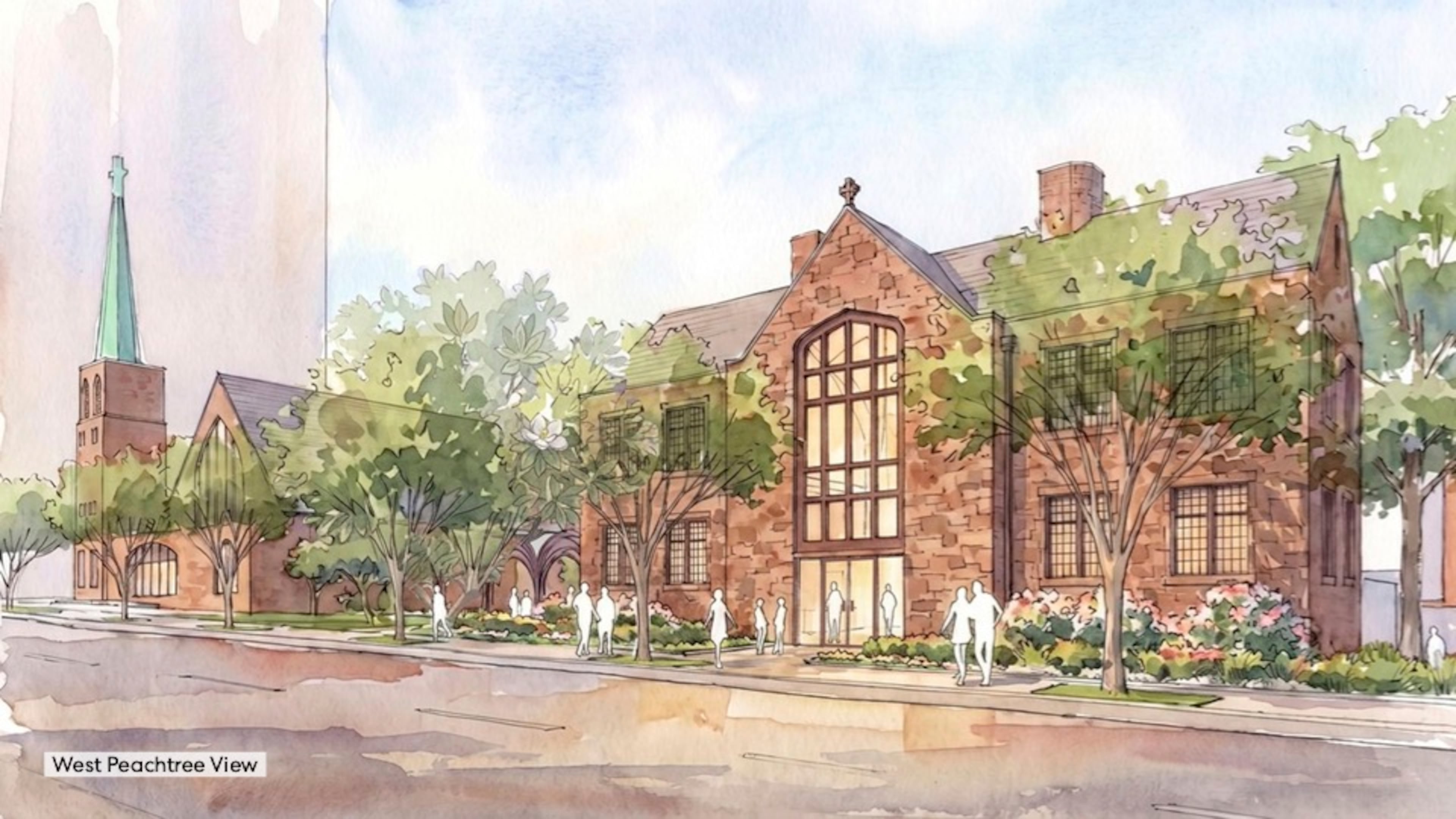 This is a rendering of the planned redevelopment of Egleston Hall at All Saints' Episcopal Church in Atlanta. It highlights the facade from W. Peachtree Street. (Courtesy of All Saints' Episcopal Church)