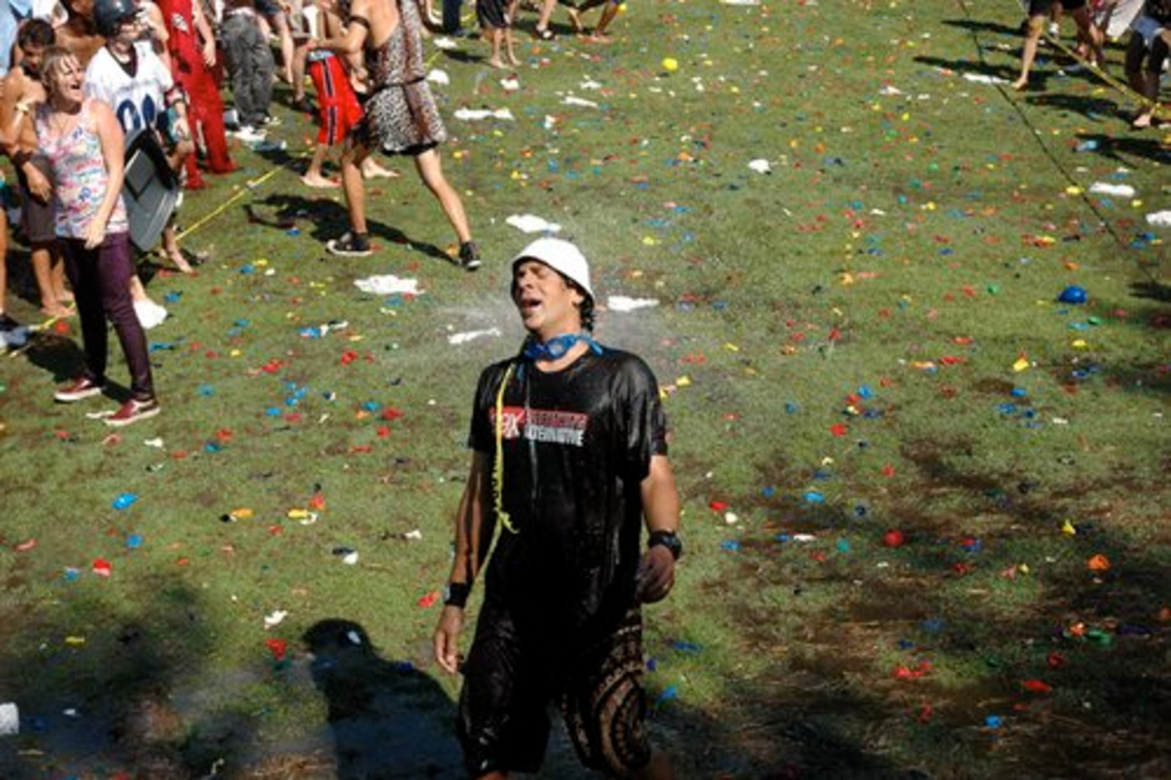 A soaked Lewis Alston stood in the line of fire during the barrage of water.