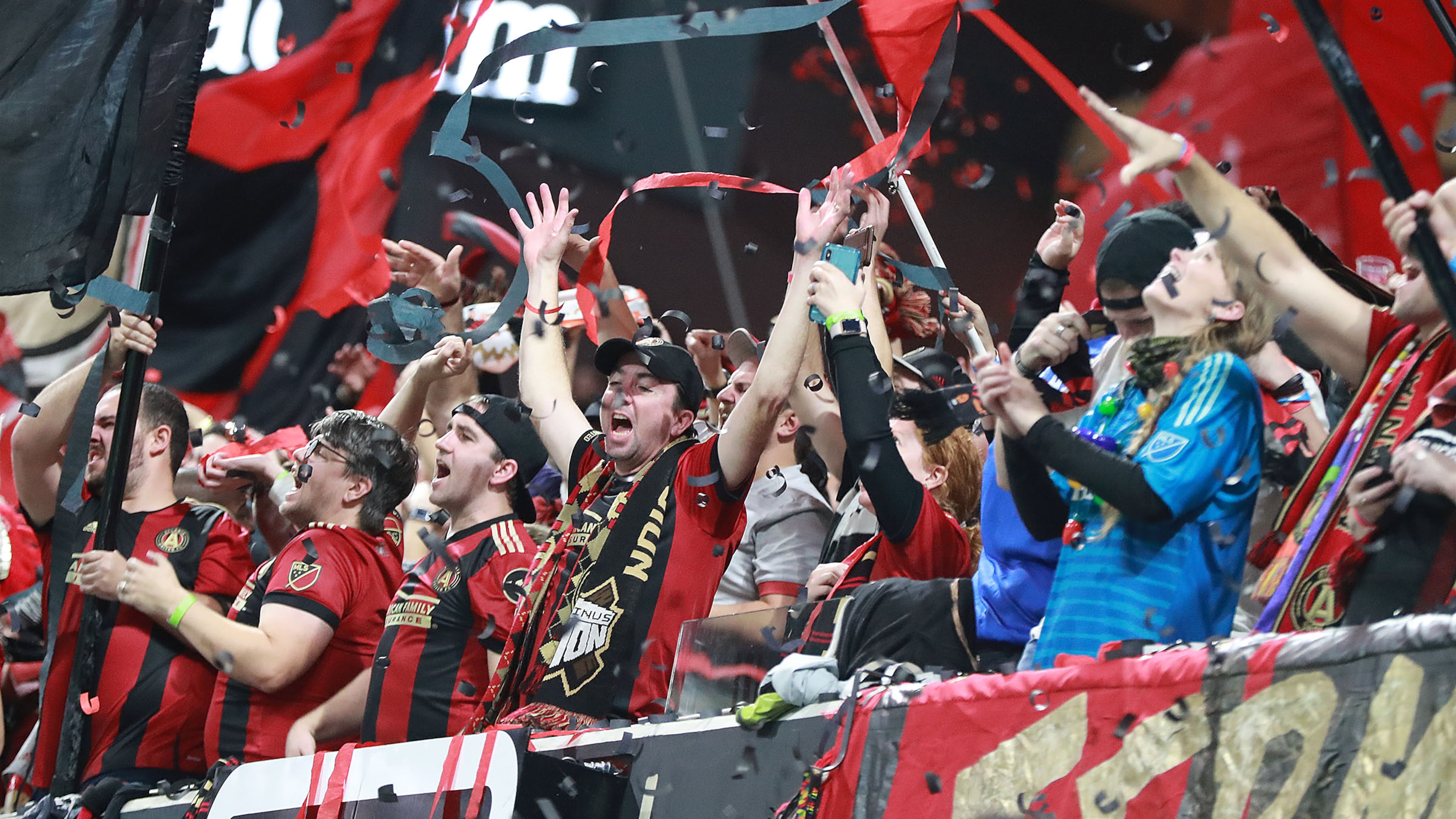 Atlanta United fans celebrate winning the MLS Cup 2-0 over the Portland Timbers on Saturday, December 8, 2018, at Mercedes-Benz Stadium in Atlanta. 9Photo: Curtis Compton/ccompton@ajc.com)