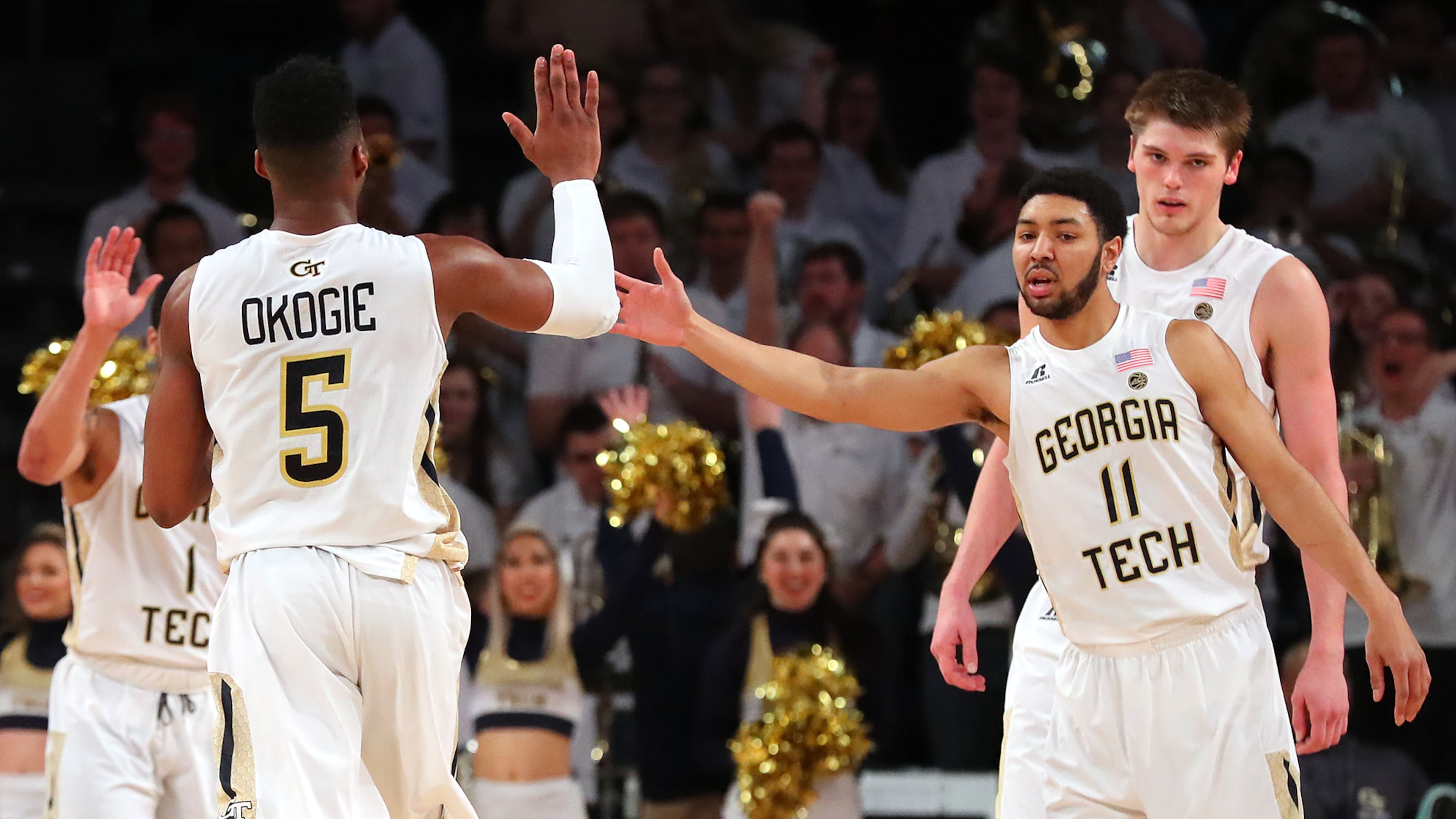 March 19, 2017, Atlanta: Georgia Tech guard Josh Okogie (left) gets five from Josh Heath after scoring against Belmont in their NIT tournament round two NCAA basketball game on Sunday, March 19, 2017, in Atlanta. Curtis Compton/ccompton@ajc.com