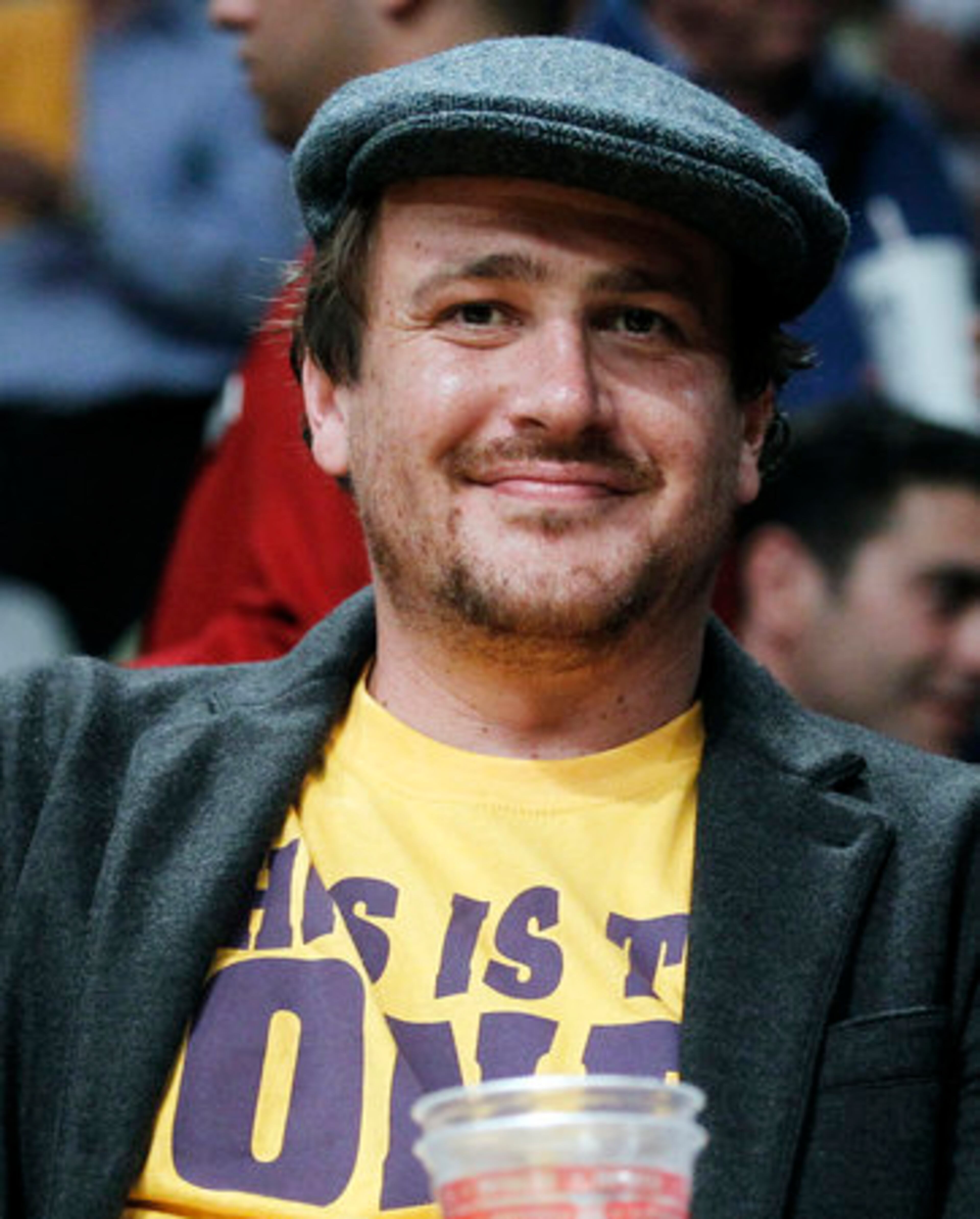 Actor Jason Segel watches the Los Angeles Lakers and the Boston Celtics play during the first half of Game 2 of the NBA basketball finals Sunday, June 6, 2010, in Los Angeles.