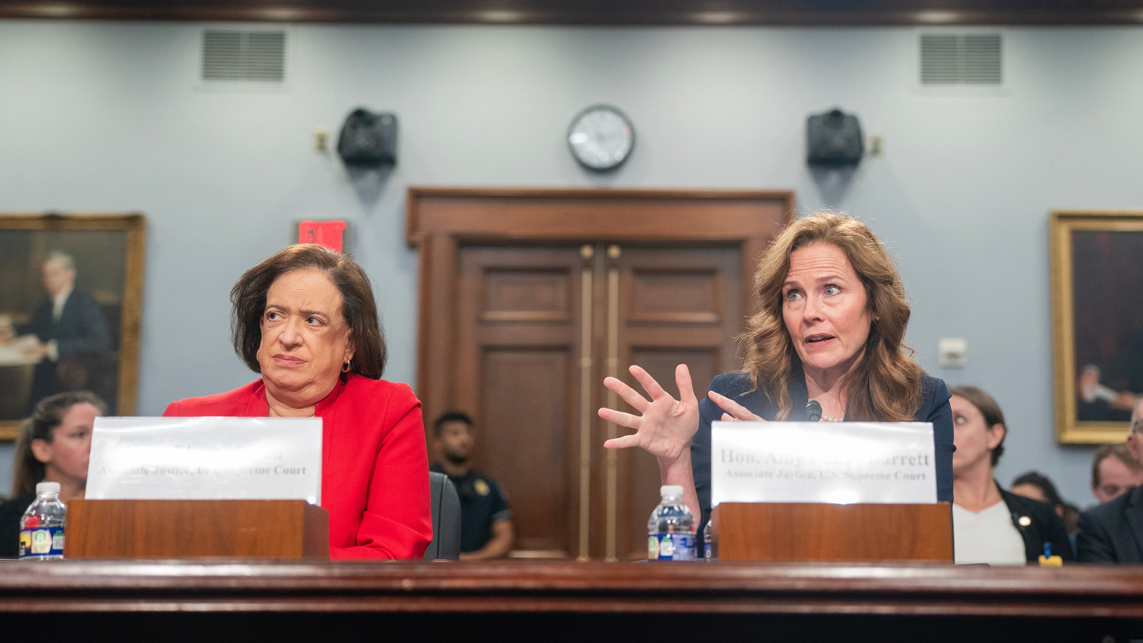 Supreme Court Justices Amy Coney Barrett, right, and Elena Kagan testify during a House Appropriations subcommittee hearing, Tuesday, July 14, 2026, on Capitol Hill in Washington. (Nathan Howard/AP)