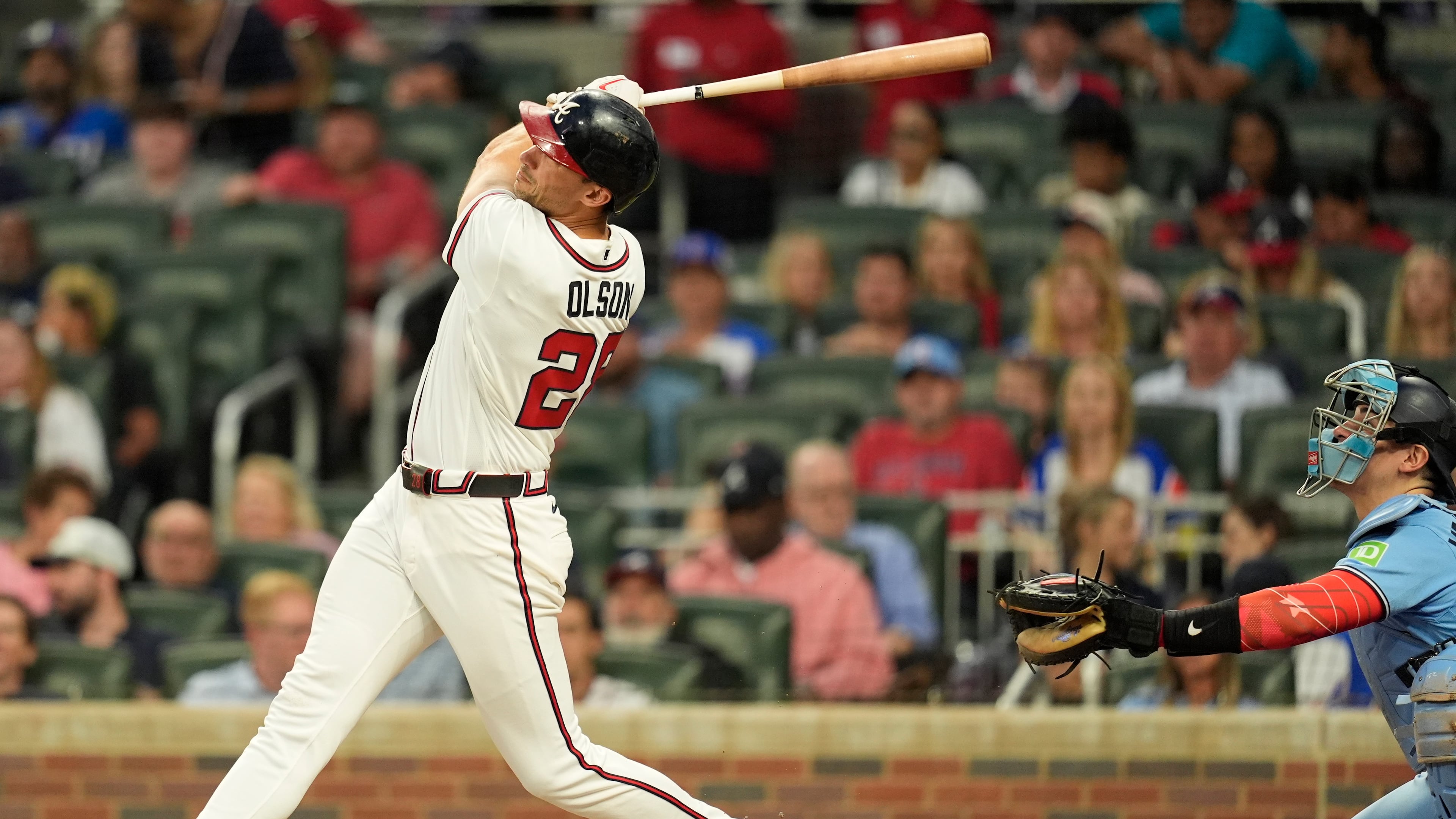 Atlanta Braves' Matt Olson hits a solo homerun against the Toronto Blue Jays in the sixth inning of a baseball game, Tuesday, June 2, 2026, in Atlanta. (AP Photo/Mike Stewart)