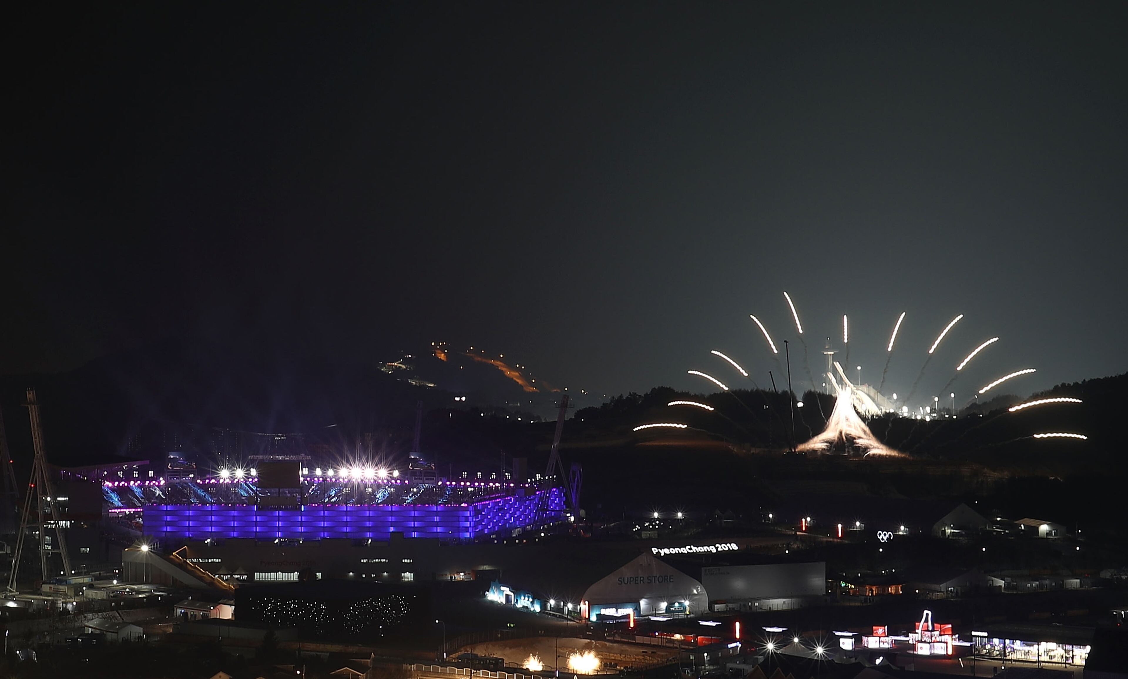 PYEONGCHANG-GUN, SOUTH KOREA - FEBRUARY 09: Fireworks are seen during the Opening Ceremony of the PyeongChang 2018 Winter Olympic Games at PyeongChang Olympic Stadium on February 9, 2018 in Pyeongchang-gun, South Korea. (Photo by Robert Cianflone/Getty Images)