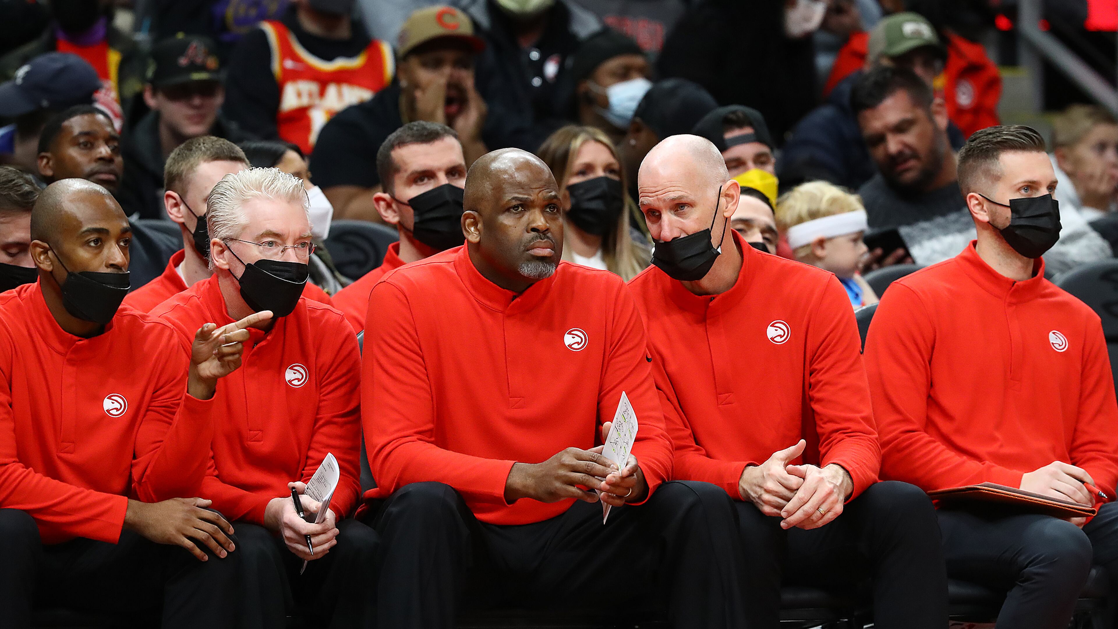 Hawks coach Nate McMillan and his assistant coaches helped lead the team to a 129-121 victory over the Los Angeles Lakers on Jan. 30 in Atlanta. With the trade deadline approaching at 3 p.m. Thursday, the Hawks are still listening and having conversations on potential trade scenarios, but it’s also likely they could choose not to make another move. (Curtis Compton / Curtis.Compton@ajc.com)