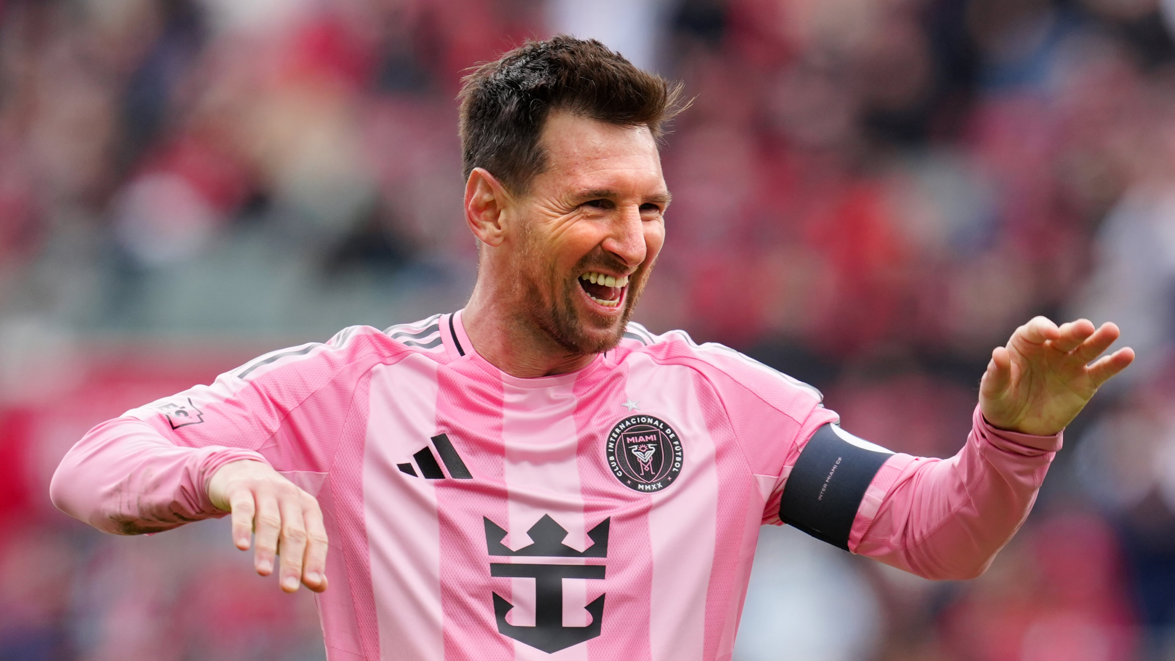 Inter Miami CF midfielder Lionel Messi (10) celebrates his goal during second half MLS soccer against Toronto FC, in Toronto on Saturday, May 9, 2026.(Frank Gunn /The Canadian Press via AP)