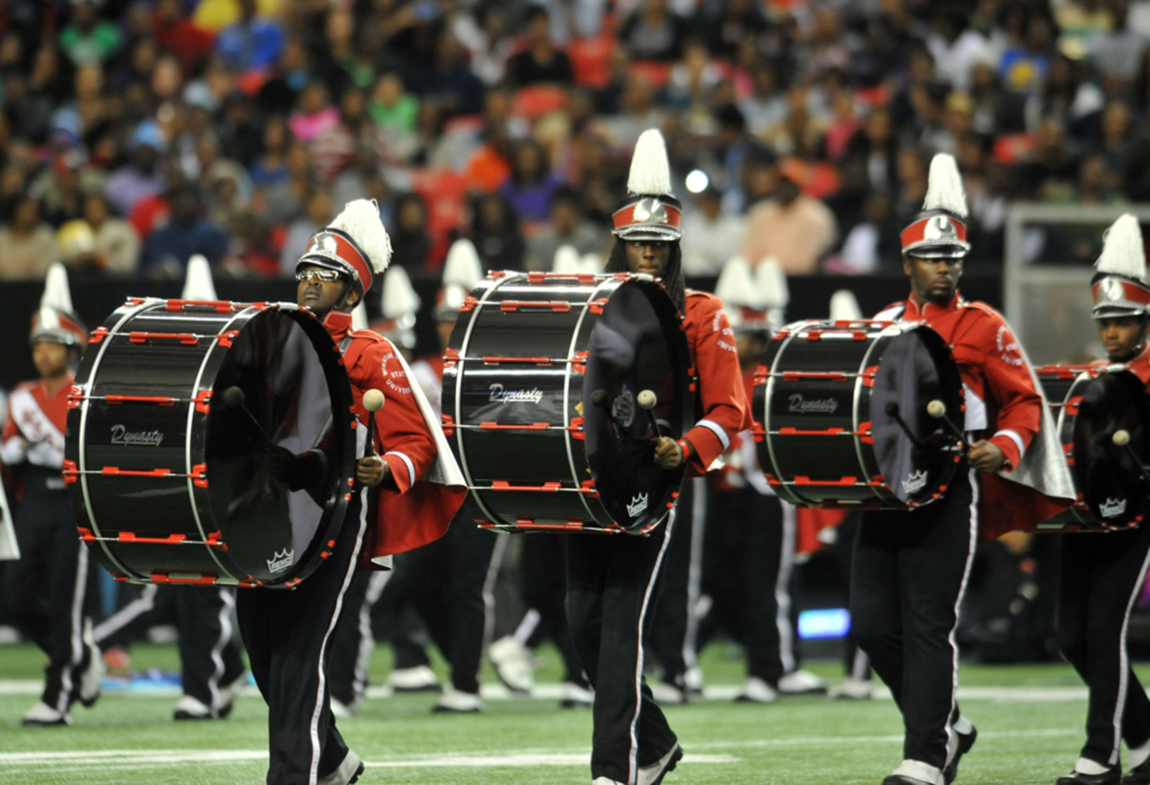The Winston-Salem State "Red Sea of Sound" band performs.