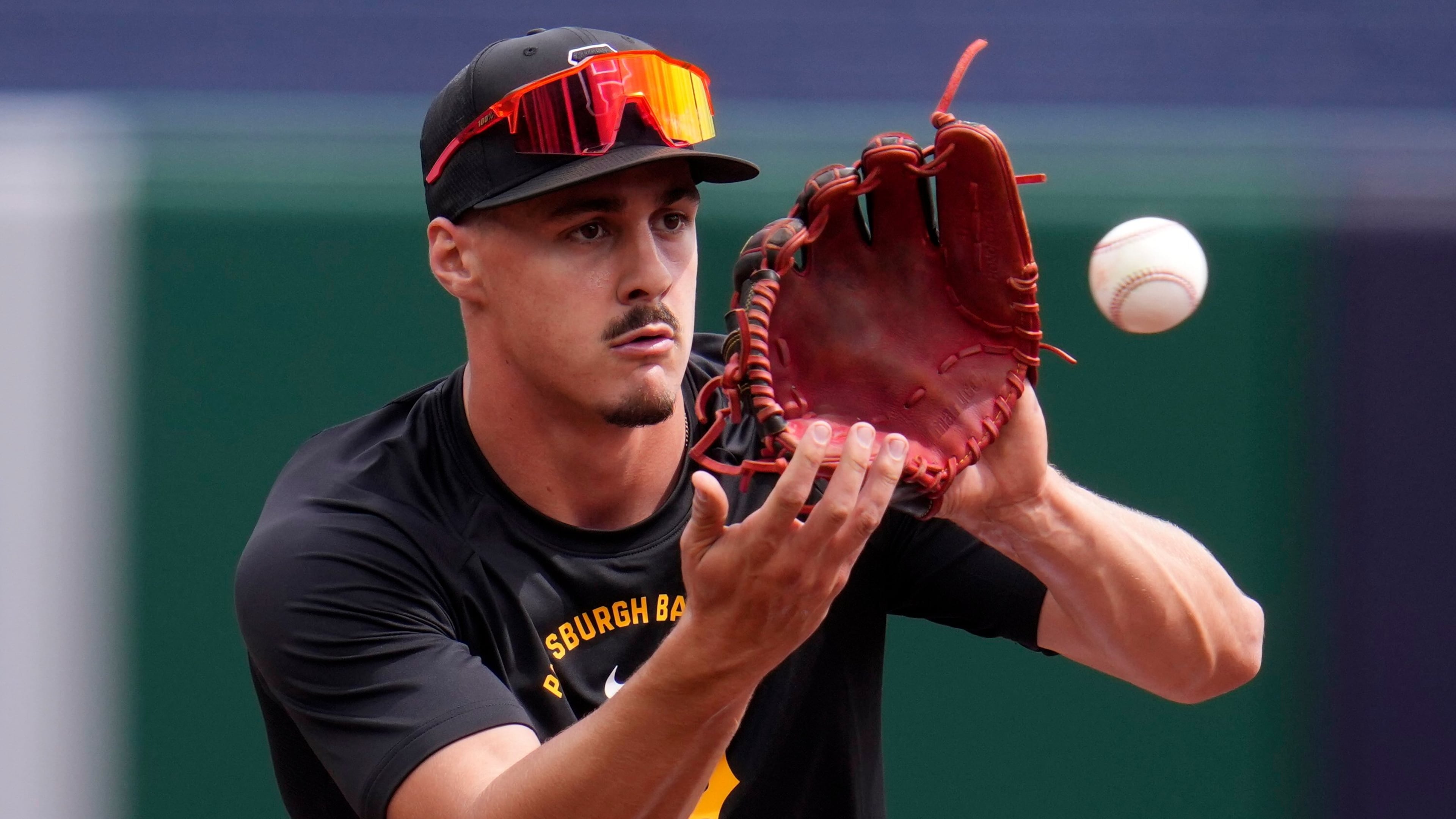 Pittsburgh Pirates' Konnor Griffin takes infield practice before making his Major League Baseball debut in the Pirates' home-opener against the Baltimore Orioles in Pittsburgh, Friday, April 3, 2026. (AP Photo/Gene J. Puskar)