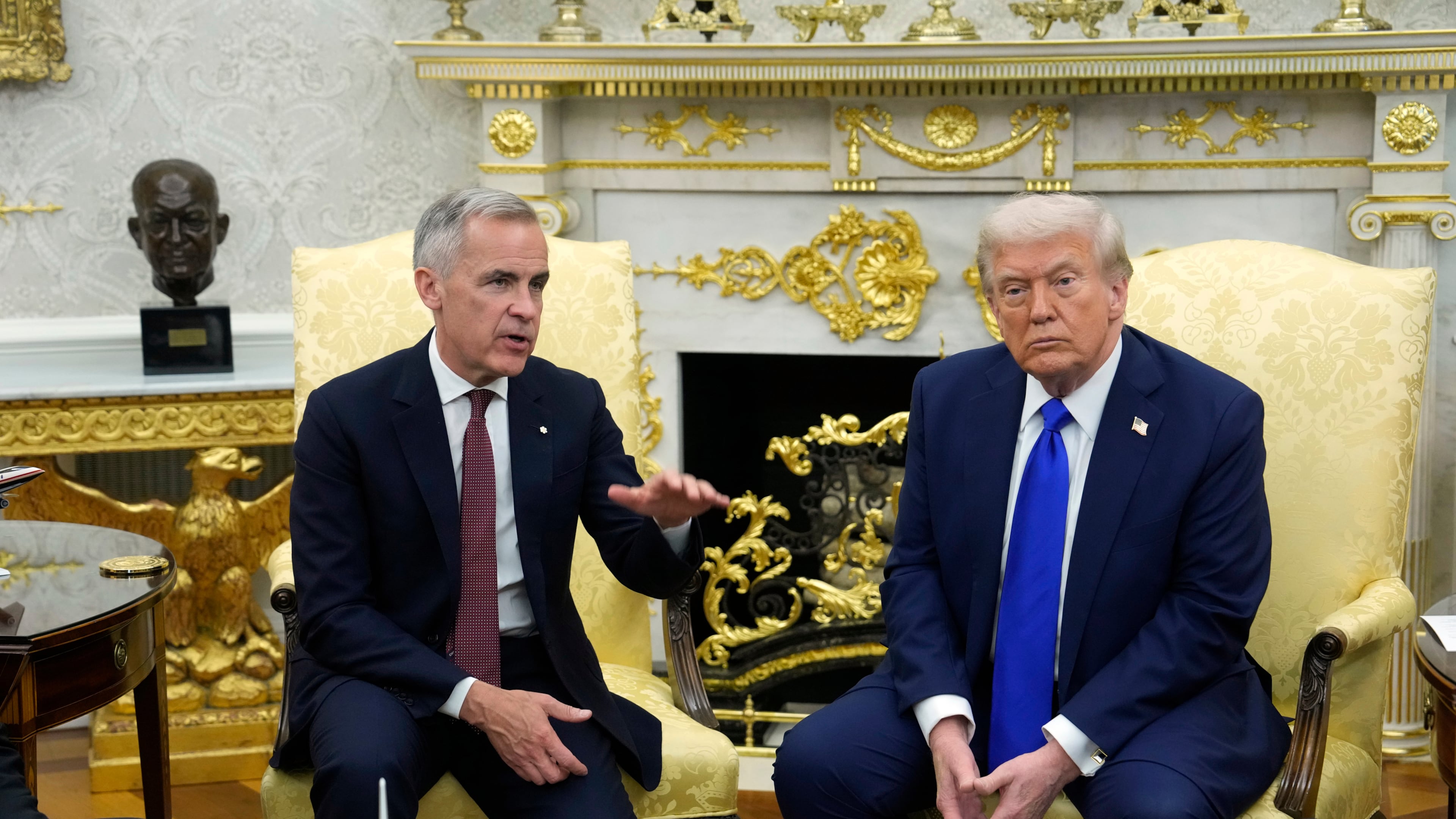FILE - Canada Prime Minister Mark Carney and President Donald Trump hold a press conference at the White House in Washington, D.C., Oct. 7, 2025. (Adrian Wyld/The Canadian Press via AP, File)