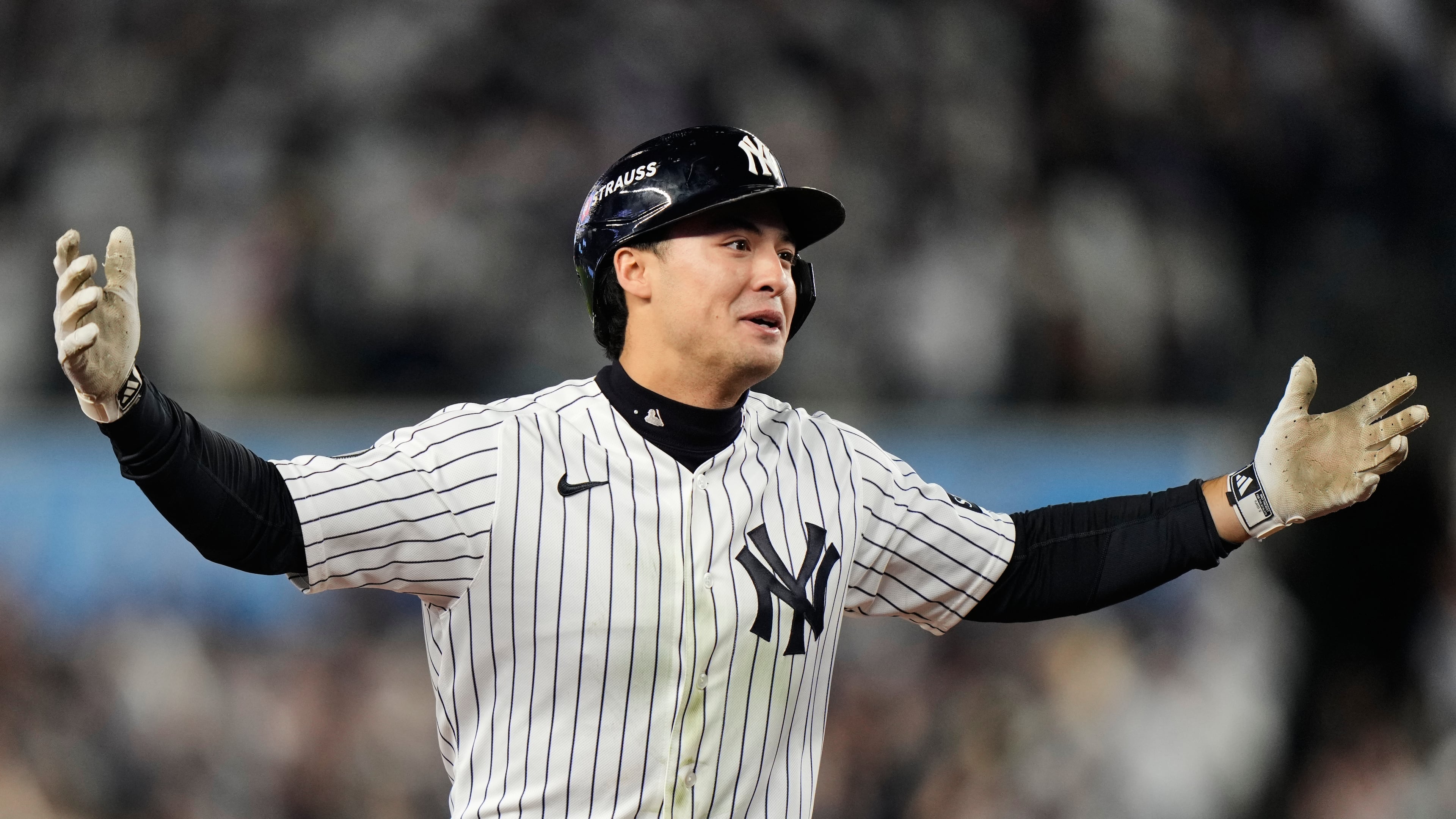 New York Yankees' Anthony Volpe celebrates his run-scoring double during the sixth inning in Game 3 of baseball's American League Division Series against the Tampa Bay Rays, Wednesday, Oct. 7, 2026, in New York. (AP Photo/Seth Wenig)