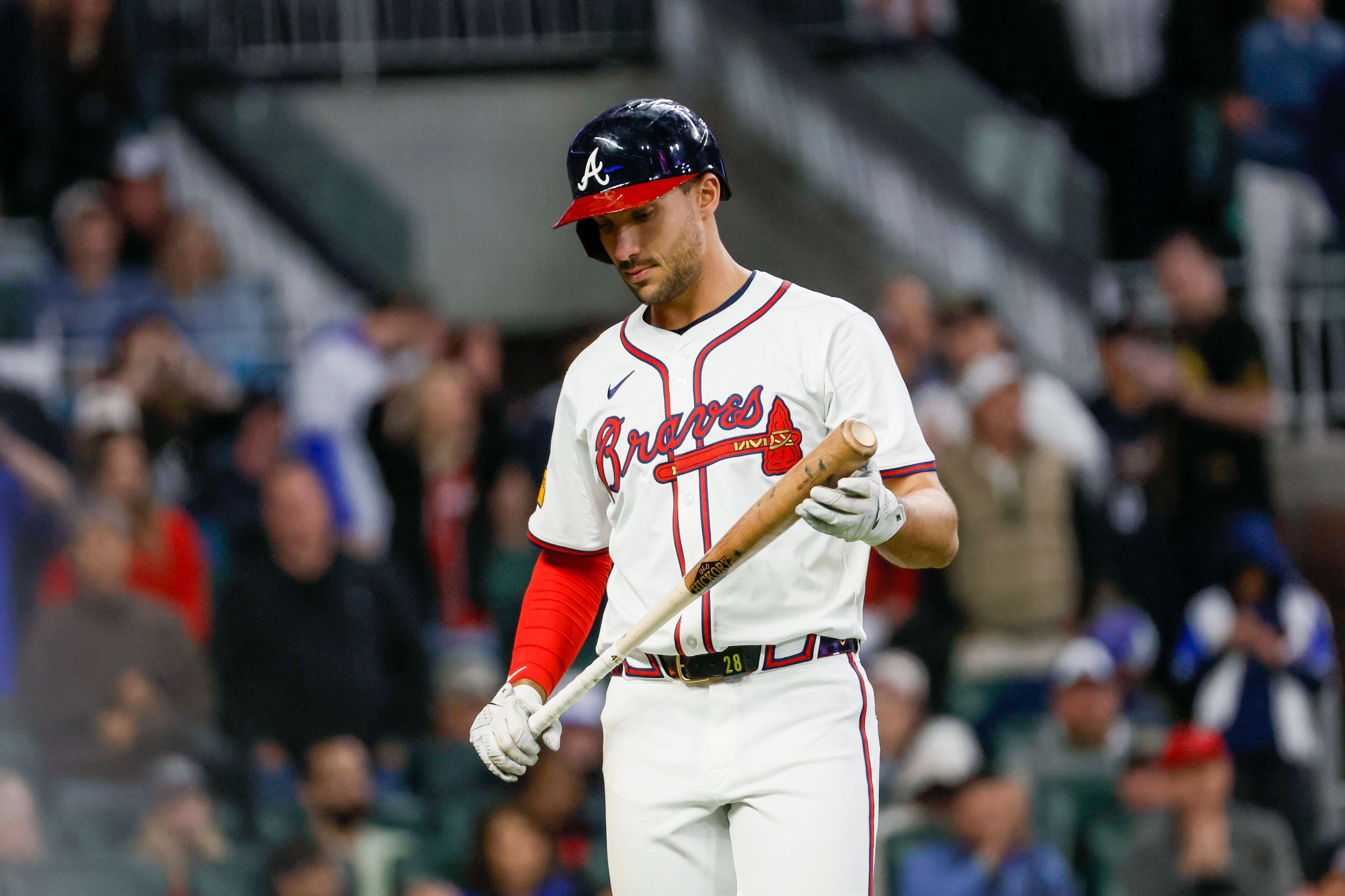 Atlanta Braves first base Matt Olson strikes out during the eighth inning against the Texas Rangers at Truist Park on Sunday, April
(Miguel Martinez/ AJC)