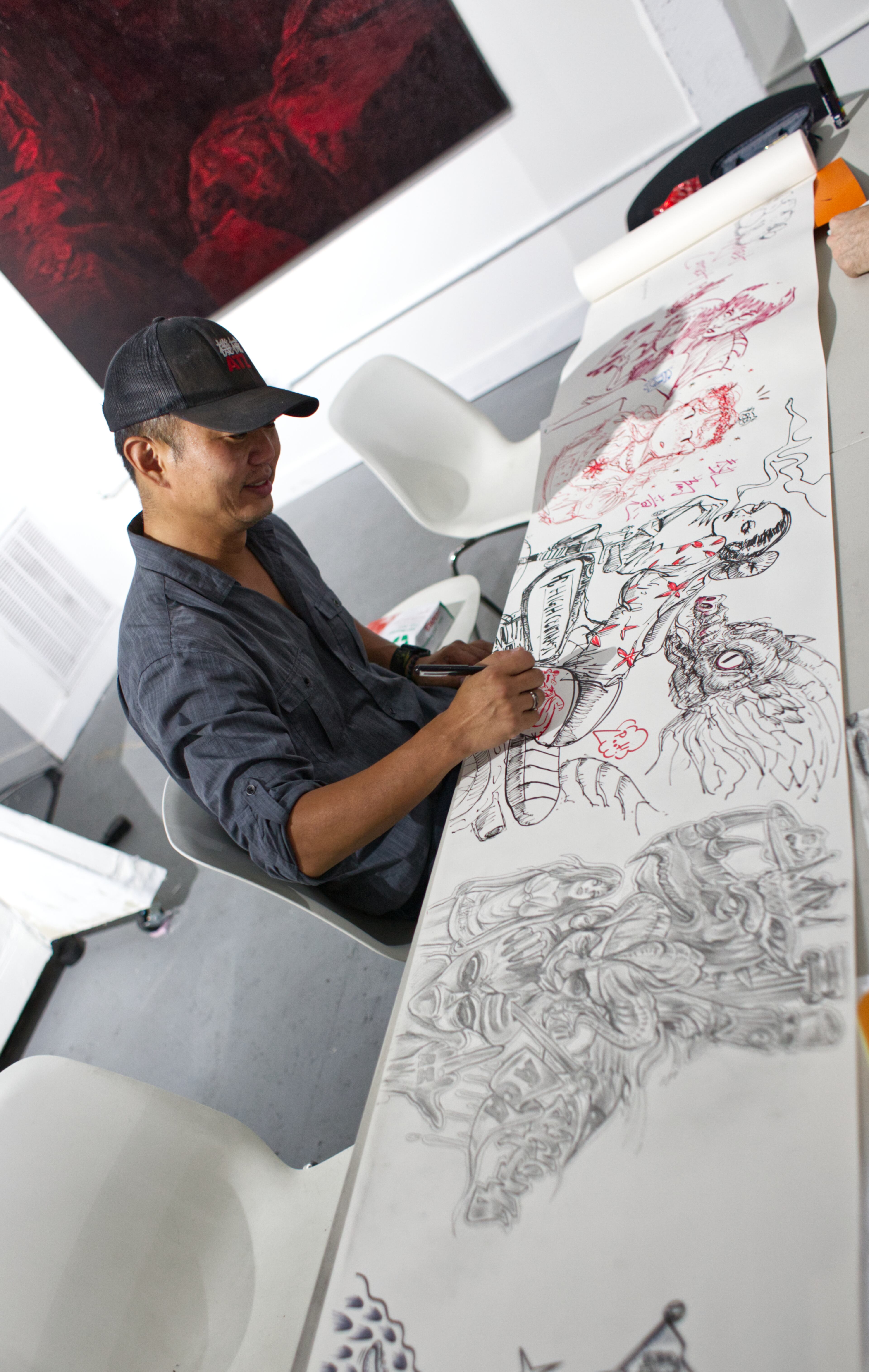 Seeking to connect with fellow creatives, Dosa Kim started the drawing group after returning to Atlanta following several years living on the West Coast. Members contribute spontaneous drawings and text every session on a long paper scroll — done just for the sake of creating. (Courtesy of Dustin Timbrook)