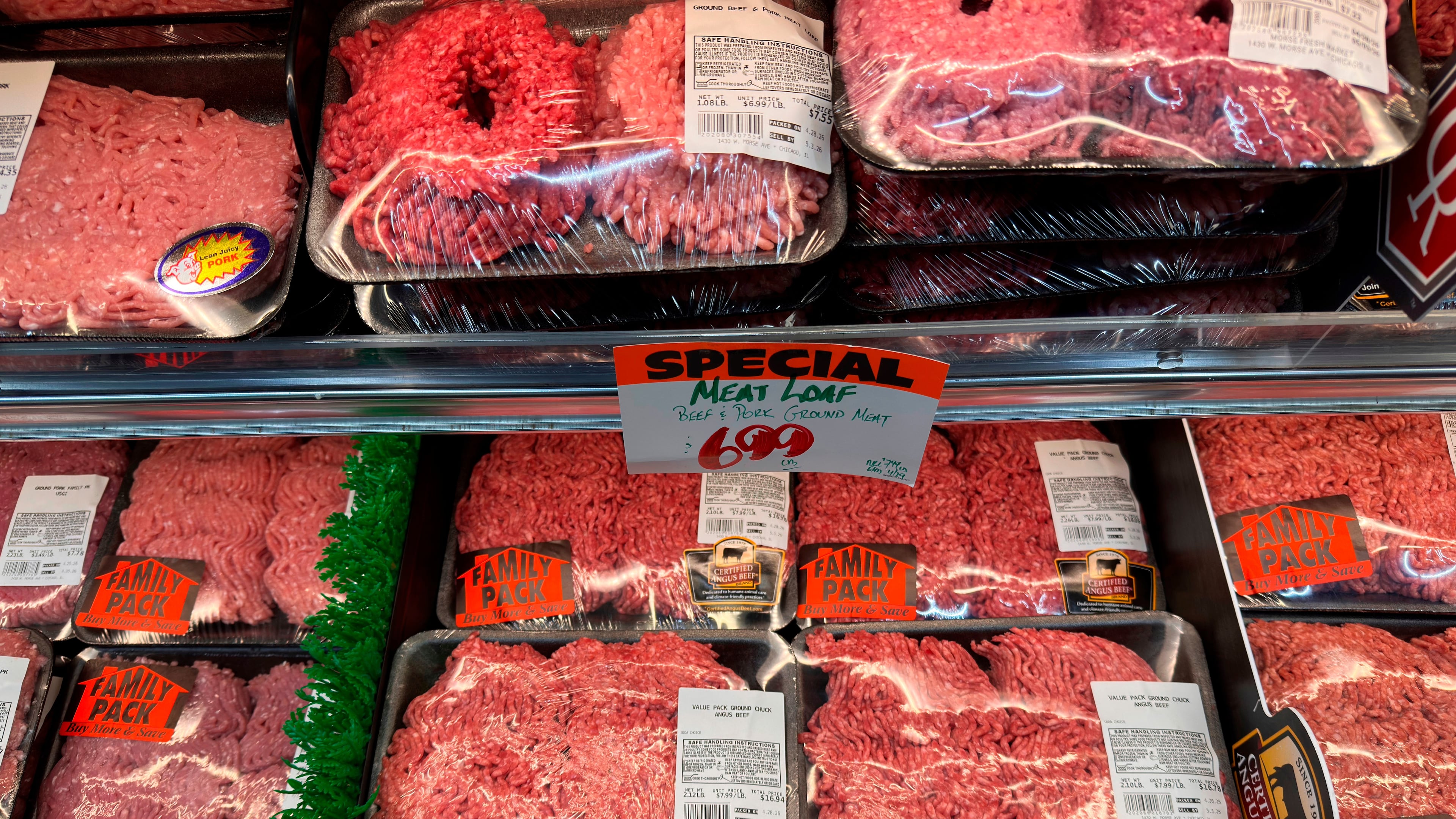 FILE - Beef is displayed for sale at a grocery store Wednesday, April 29, 2026, in Chicago. (AP Photo/Erin Hooley, File)