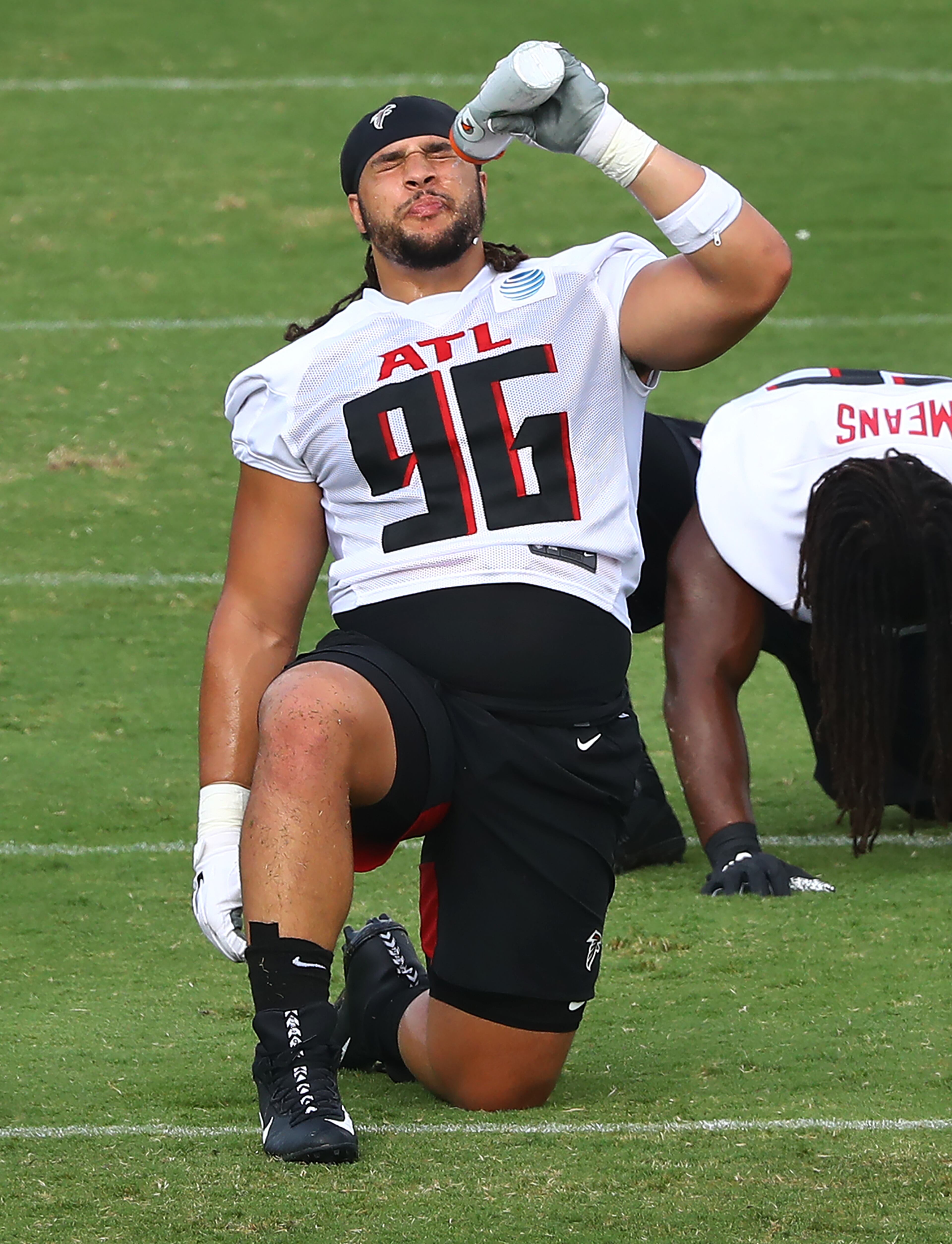 Falcons defensive tackle Tyeler Davison cools off during training camp. Curtis Compton ccompton@ajc.com