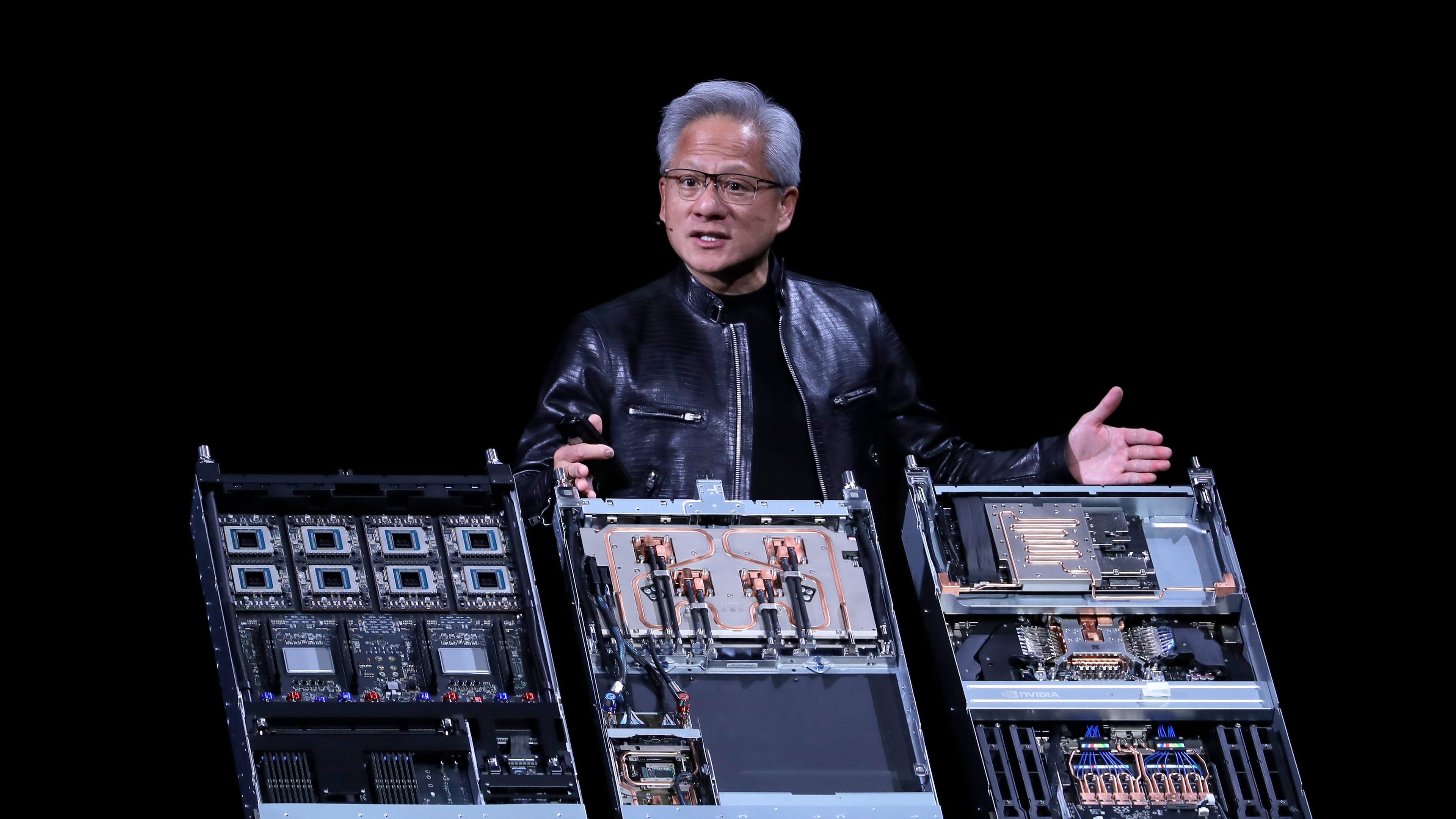 Nvidia CEO Jensen Huang delivers a speech during the Computex 2026 exhibition in Taipei, Taiwan, Monday, June 1, 2026. (AP Photo/Chiang Ying-ying)