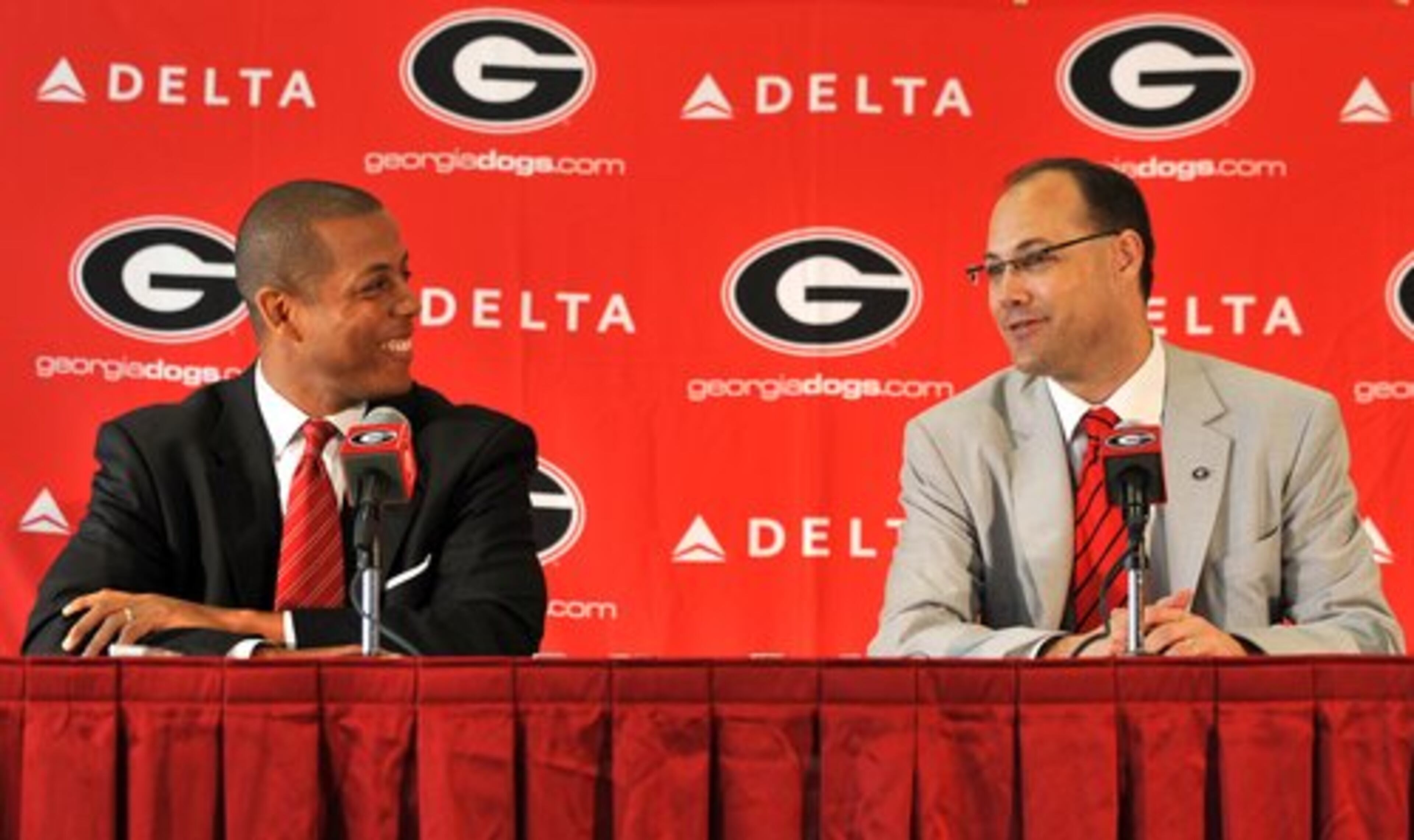 Georgia Director of Athletics Damon Evans (left) introduced Fox, citing "His commitment to the student-athlete. His commitment to academics." The hiring was Evans' first major coaching hire as athletics director.