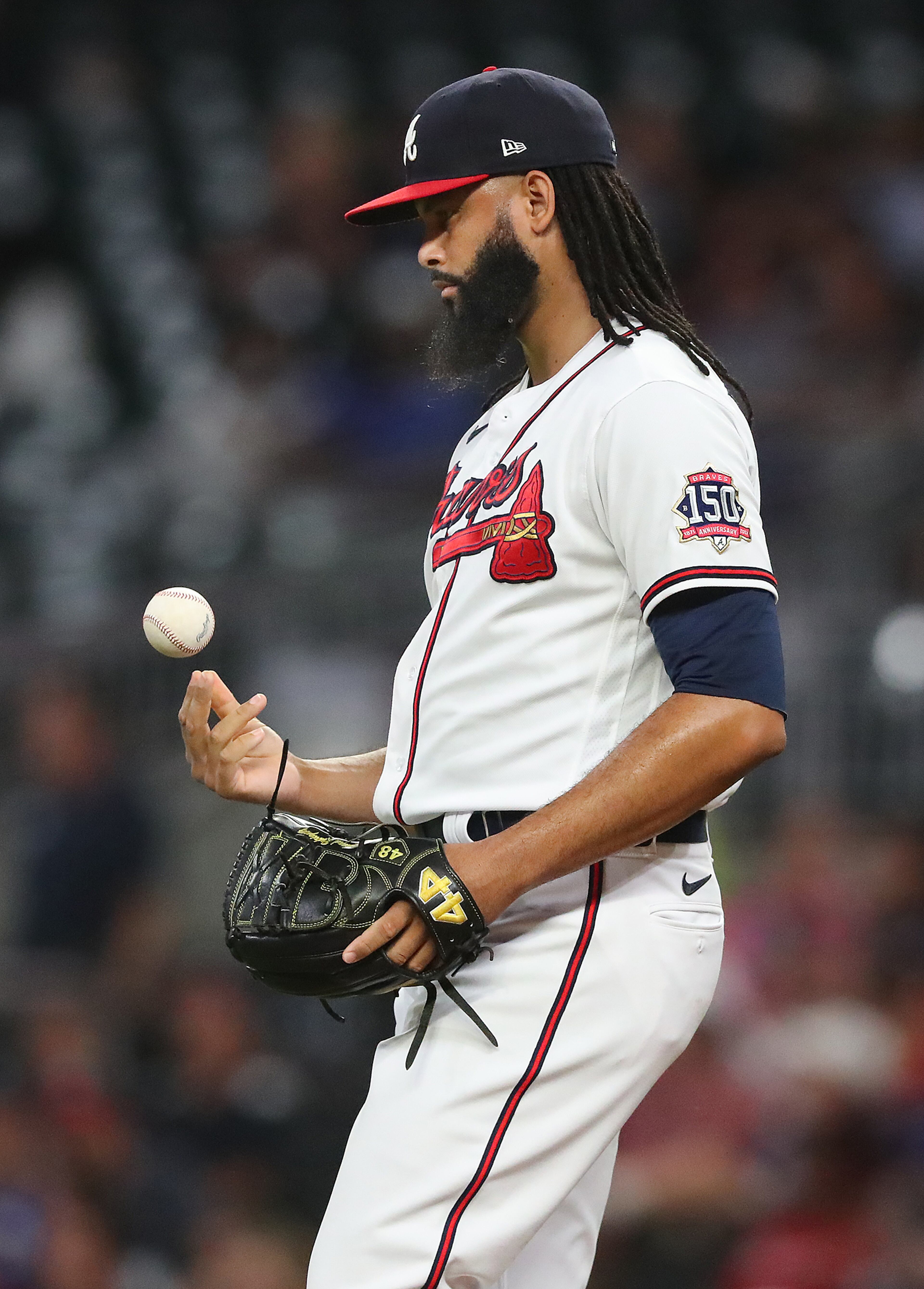 Braves pitcher Richard Rodriguez reacts to giving up a go-ahead solo homer to Washington Nationals outfielder Juan Soto for a 3-2 Nationals lead over the Braves during the seventh inning. “Curtis Compton / Curtis.Compton@ajc.com”