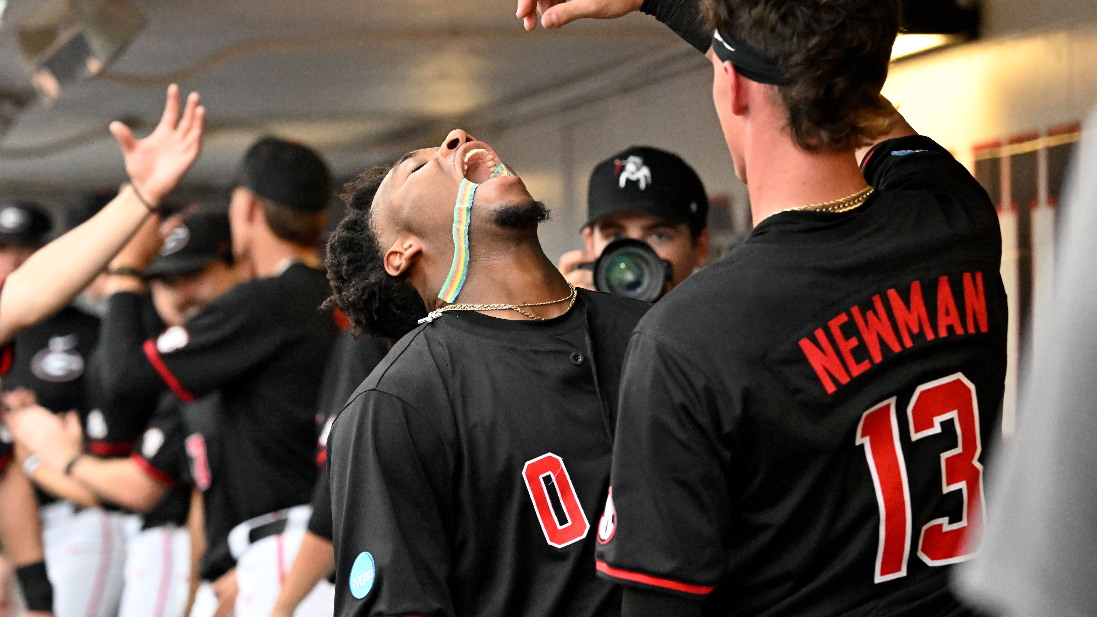 Georgia infielder Ryan Wynn celebrates after hitting a two-run home run during the fourth inning of the Athens Regional at Foley Field on Friday, May 29, 2026. A weather delay pushed the final three innings to Saturday morning. (Hyosub Shin/AJC)