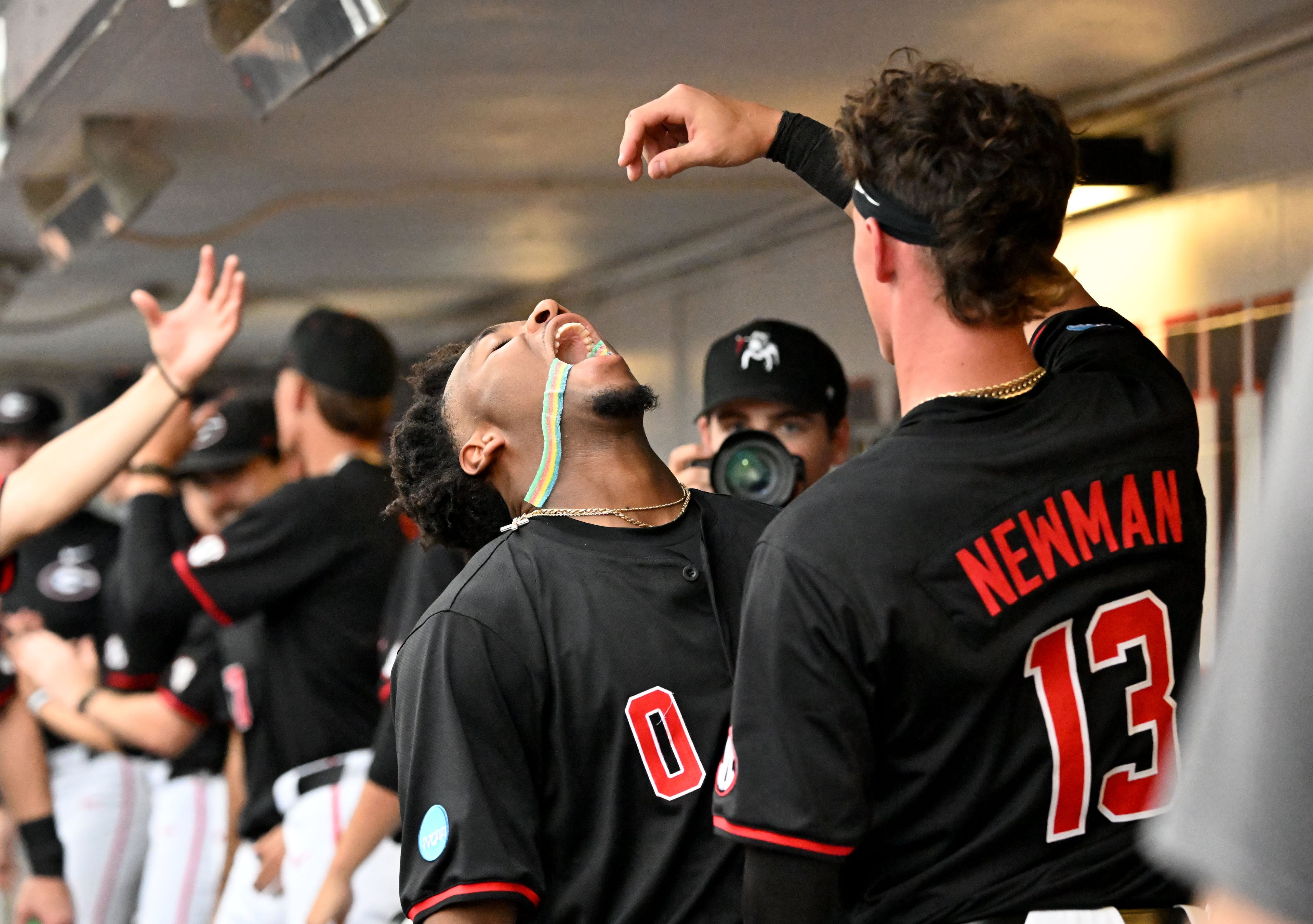 Georgia infielder Ryan Wynn (0) celebrates after hitting a 2-run home run during the fourth inning of their NCAA Regional game at Foley Field, Friday, May 29, 2026, in Athens. (Hyosub Shin/AJC)