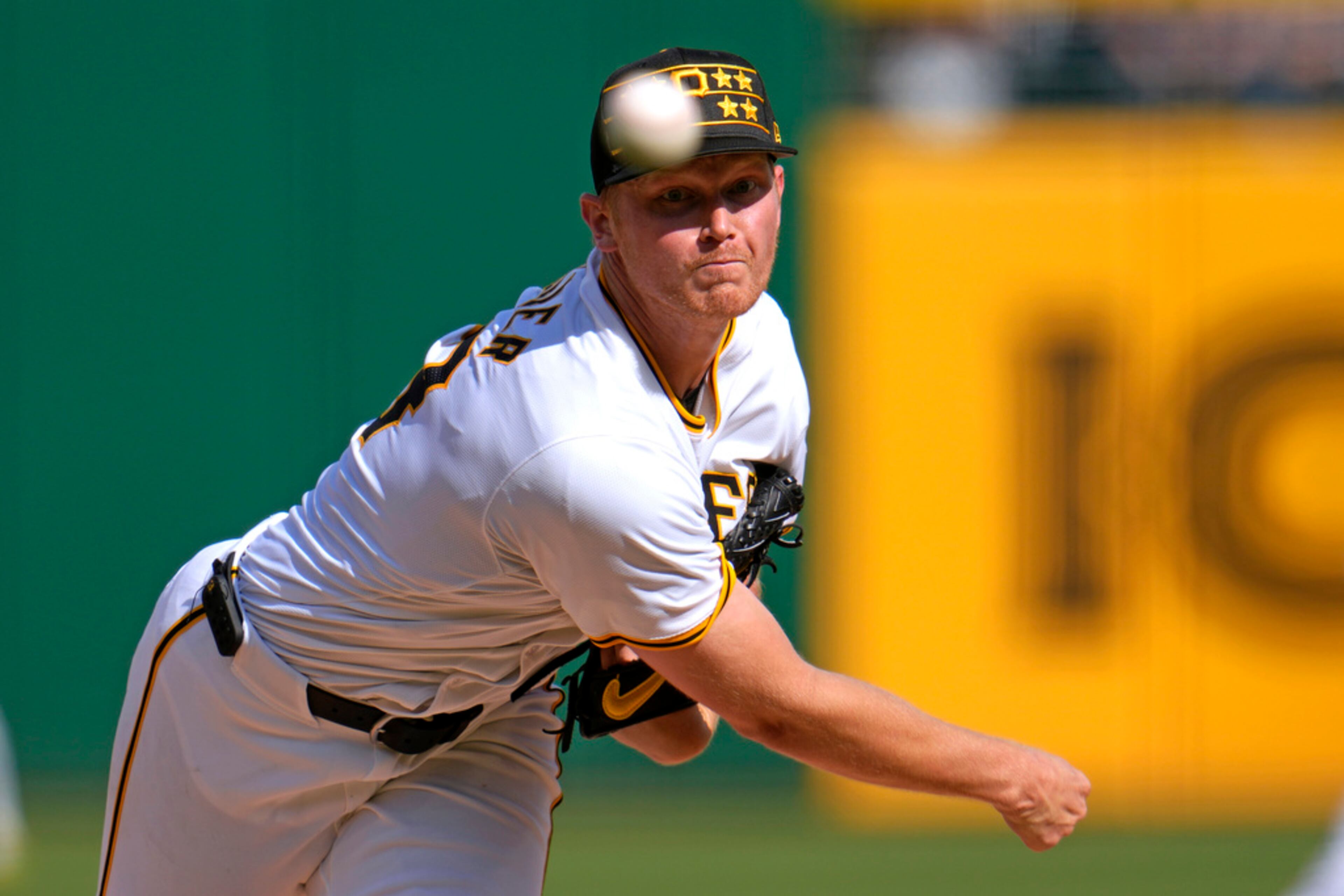 Pittsburgh Pirates starting pitcher Mitch Keller delivers during the second inning of a baseball game against the Atlanta Braves in Pittsburgh, Saturday, May 25, 2024. (AP Photo/Gene J. Puskar)