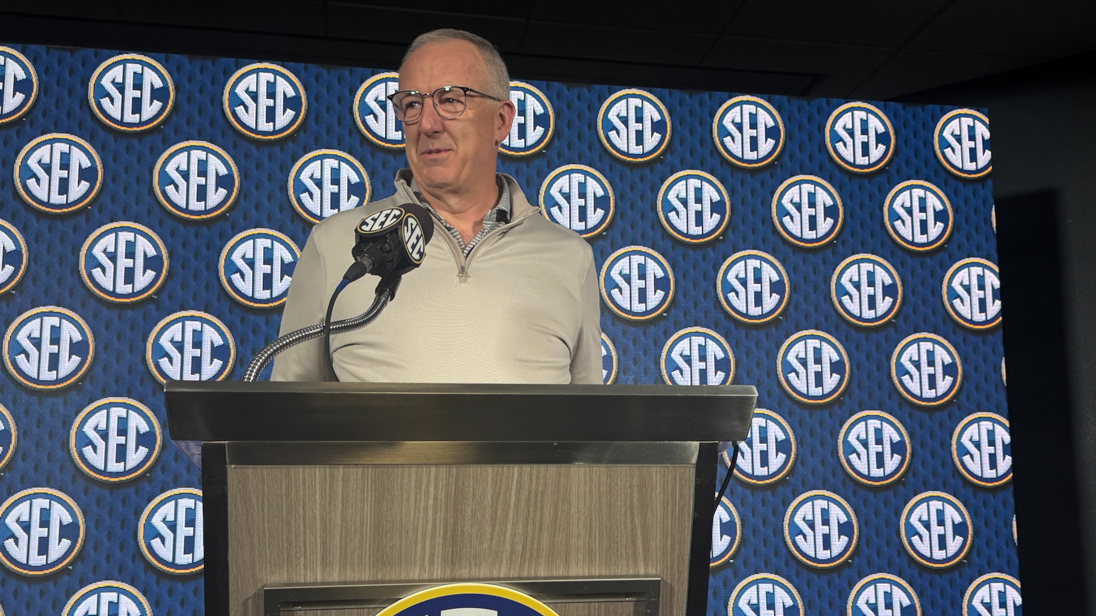 SEC commissioner Greg Sankey spoke to reporters on the eve of the SEC Spring Meetings on Monday in Miramar Beach, Fla.