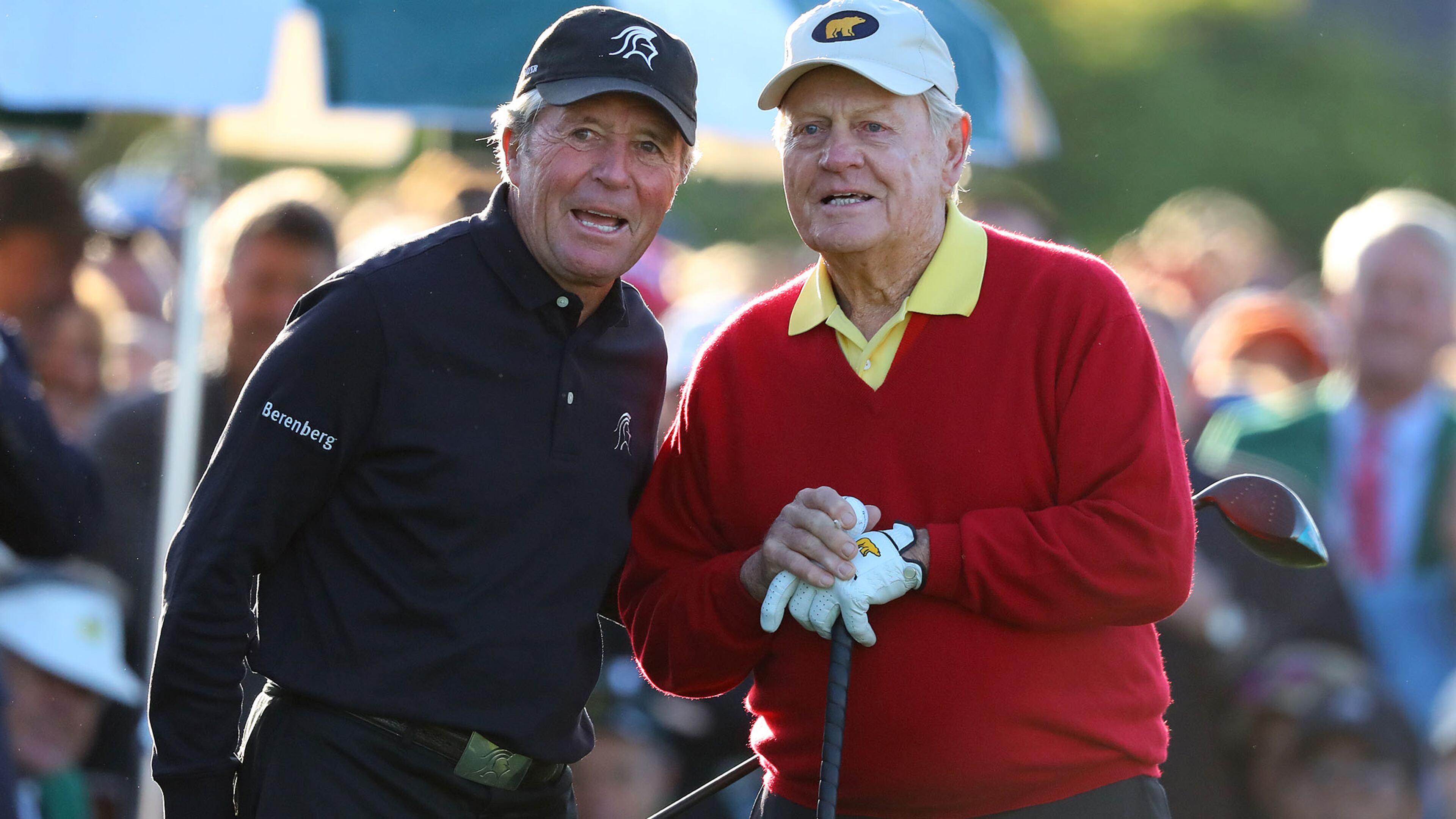 Jack Nicklaus and Gary Player, who have nine Masters championships between them, are on the first tee for their ceremonial tee shots to start the Masters Tournament Thursday, April 5, 2018, at Augusta National Golf Club.