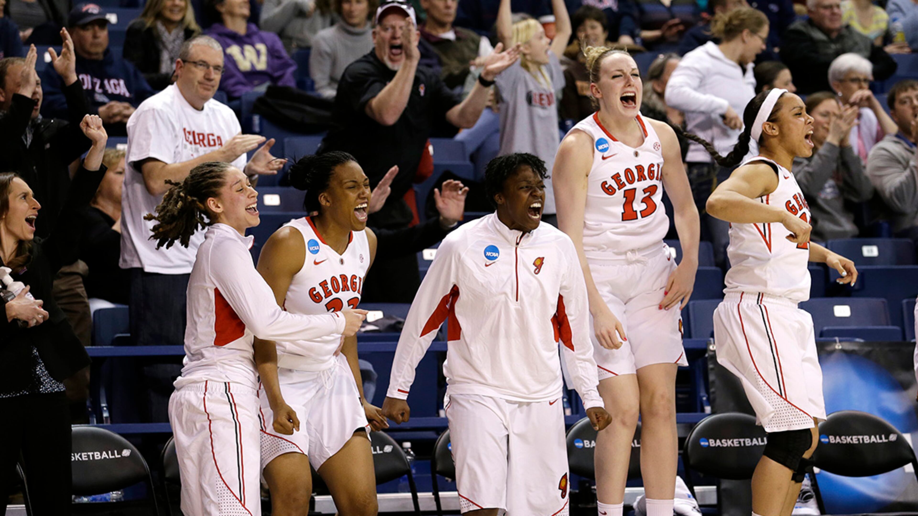 Georgia's bench cheers a late-game rally against Iowa State Monday in the second half of a second-round game in the women's NCAA tournament in Spokane, Wash. Georgia won 65-60.