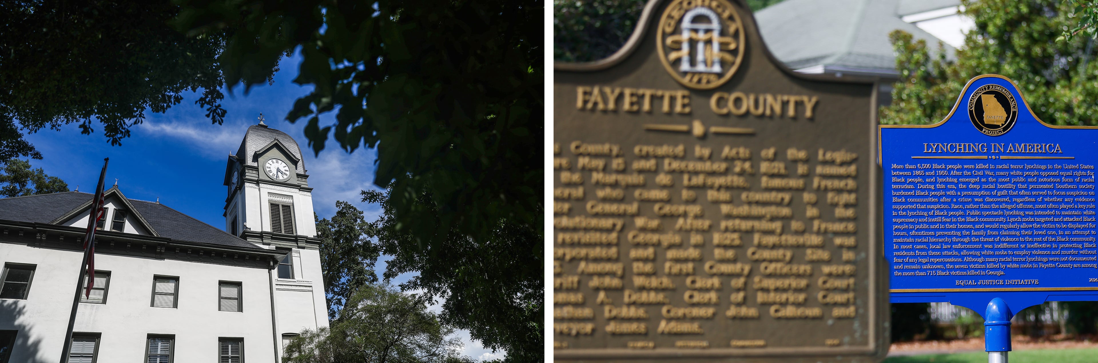 From left, sun shines on the bell tower at the Old Fayette County Courthouse in Fayetteville; outside the courthouse, a new historic marker can be seen behind an old one. (Abbey Cutrer/AJC)