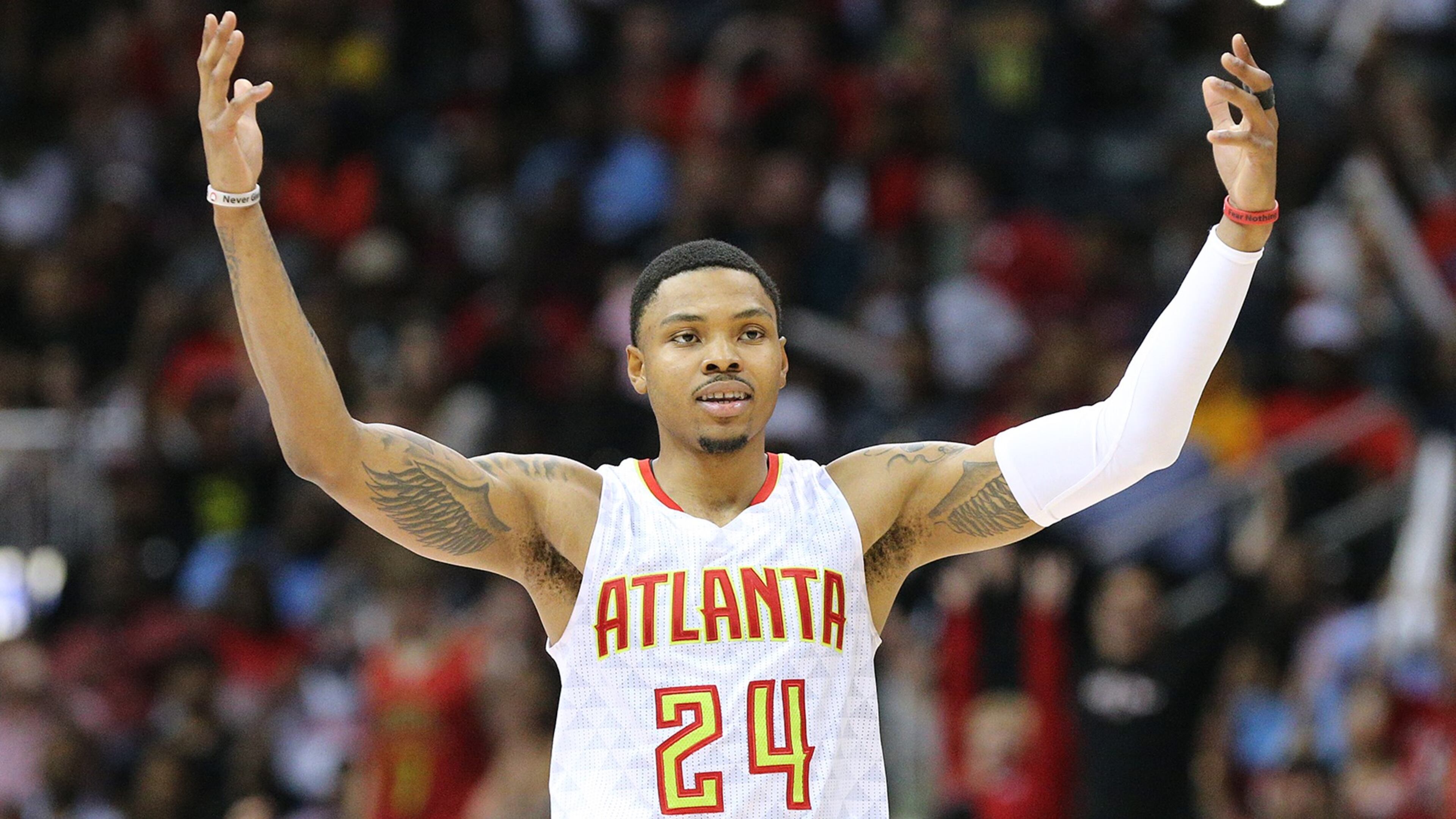 Atlanta Hawks Kent Bazemore looks to the fans to cheer after hitting a three pointer against the Washington Wizards during a 111-101 victory in game 4 of a first-round NBA basketball playoff series on Monday, April 24, 2017, in Atlanta. Curtis Compton/ccompton@ajc.com