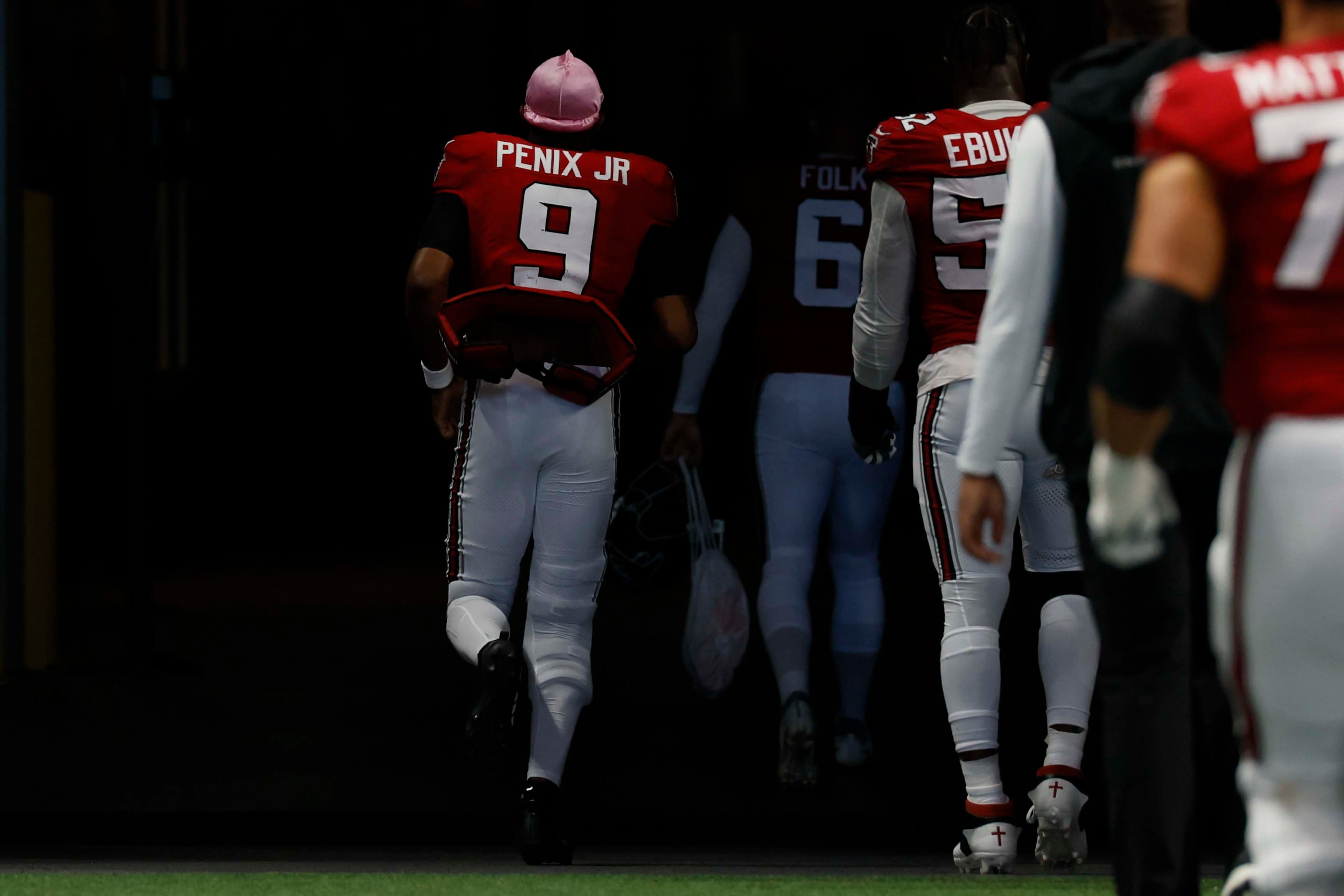Atlanta Falcons quarterback Michael Penix Jr. leaves the field after the Falcons’ 31-23 loss to the Chicago Bears at Mercedes-Benz Stadium in Atlanta on Sunday, Oct. 18, 2026. (Miguel Martinez/AJC)
