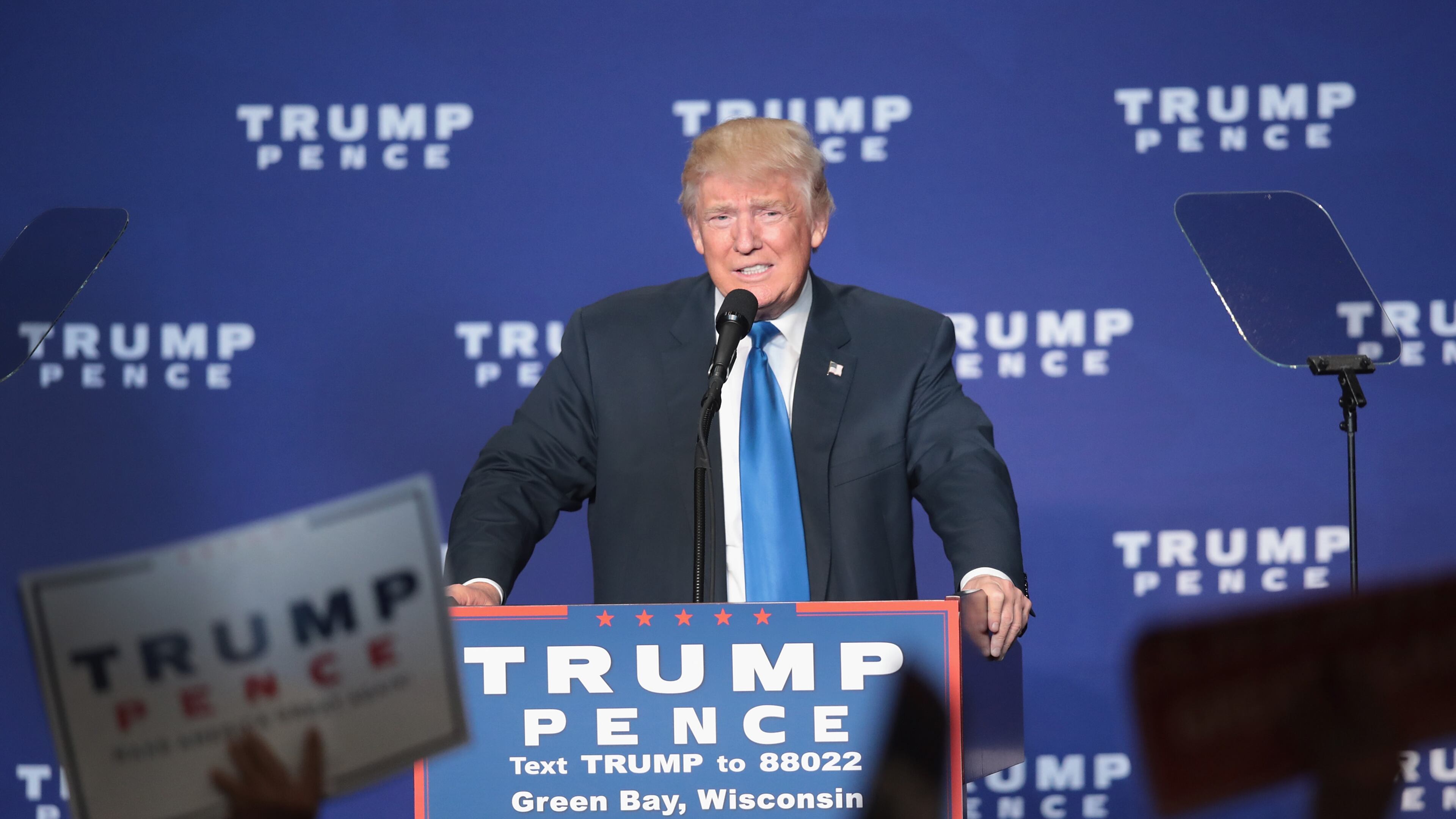 GREEN BAY, WI - OCTOBER 17: Republican presidential nominee Donald Trump addresses supporters during a campaign stop at the KI Convention Center on October 17, 2016 in Green Bay, Wisconsin. Trump will square off with democratic rival Hillary Clinton for a final debate before the election on October 19 in Las Vegas. (Photo by Scott Olson/Getty Images)