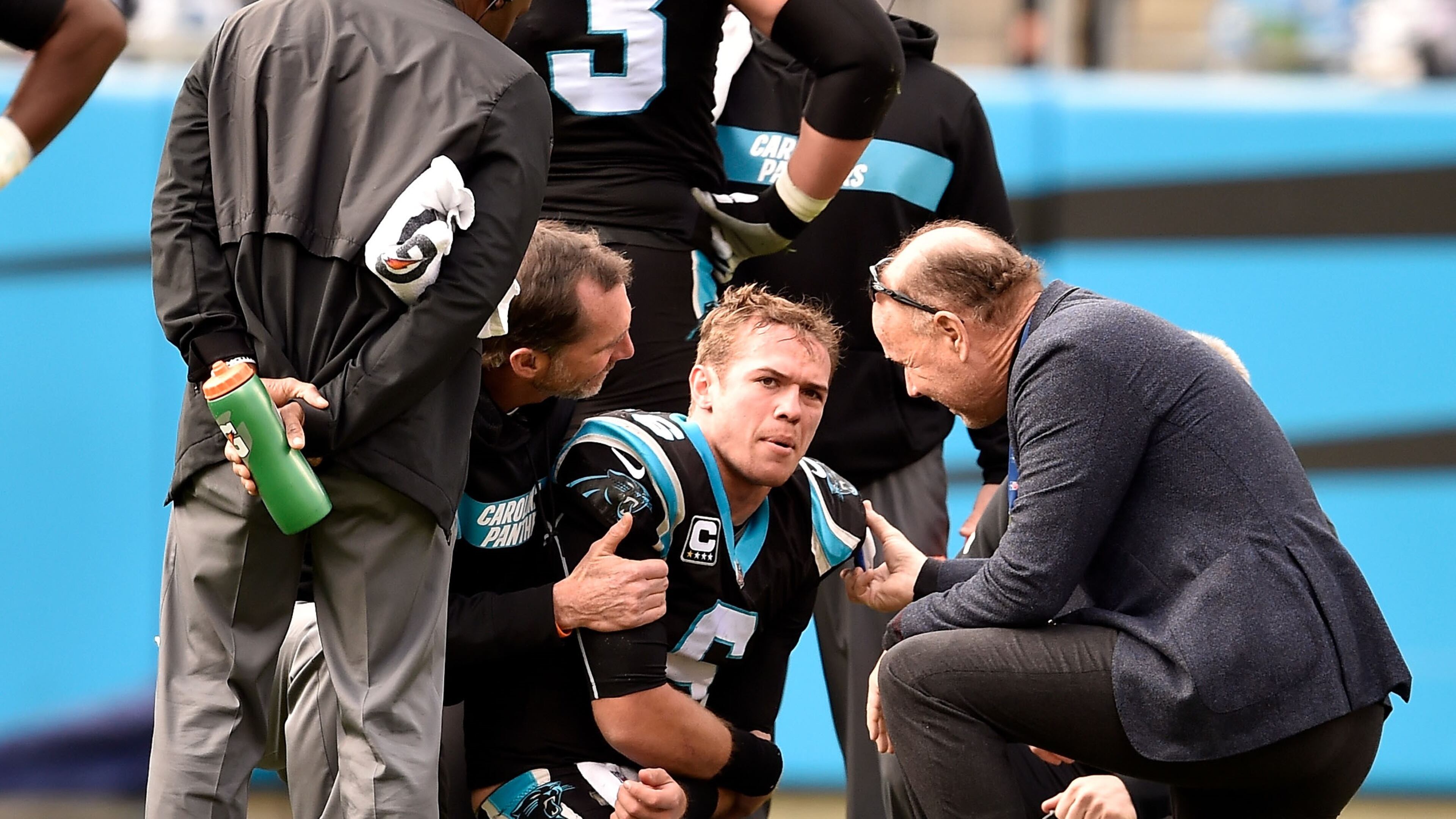 Taylor Heinicke, formerly of the Panthers, injures his elbow against the Falcons during a game in 2018. The NFL, along with the NFL Physicians Society and the Professional Football Athletic Trainer Society, will start a program with four Historically Black Colleges and Universities medical schools, including the Morehouse School of Medicine, to increase diversity in the sports medicine field and within the league’s 32 teams. (Photo by Grant Halverson)