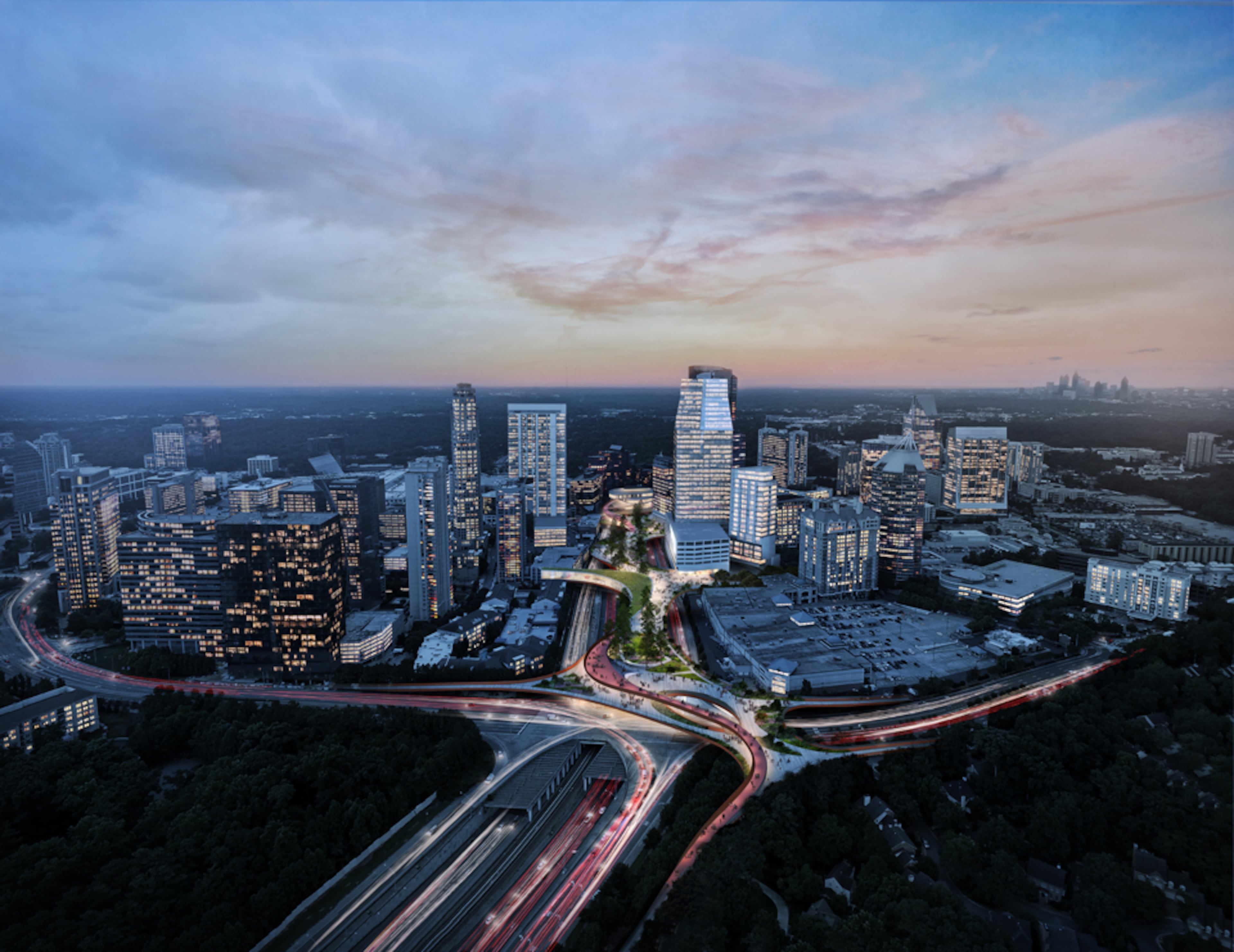 An aerial view of a proposed “deck park” that would cap a portion of Ga. 400 at the Buckhead MARTA station. Source: Rogers Partners Architects + Urban Designers and Nelson Byrd Woltz Landscape Architects
