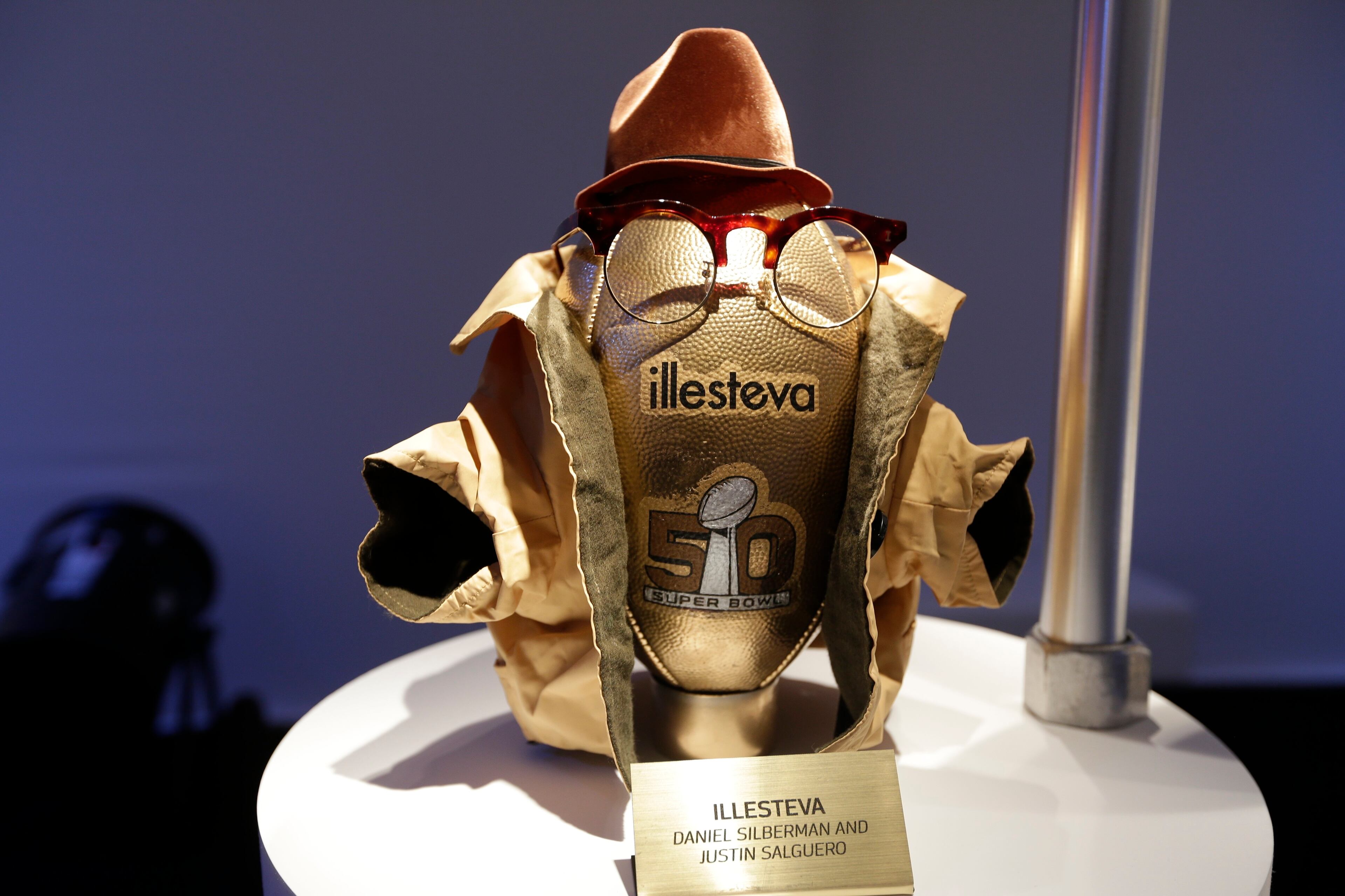 An Illesteva football is shown at the unveiling of the CFDA footballs Wednesday, Jan. 20, 2016, at NFL headquarters in New York. To mark the upcoming 50th Super Bowl, the NFL and the Council of Fashion Designers of America have collaborated on 50 designer footballs created by CFDA members. (AP Photo/Frank Franklin II)