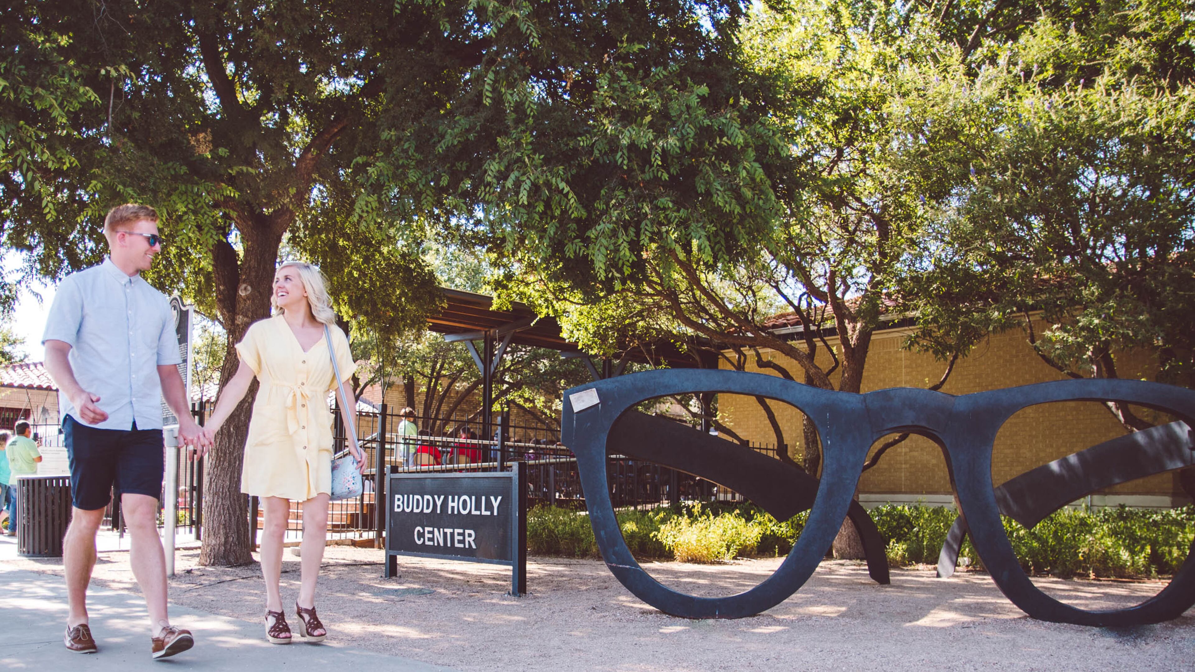 A sculpture of his signature glasses marks the entrance to the Buddy Holly Center in Lubbock, Texas. (Visit Lubbock/TNS)