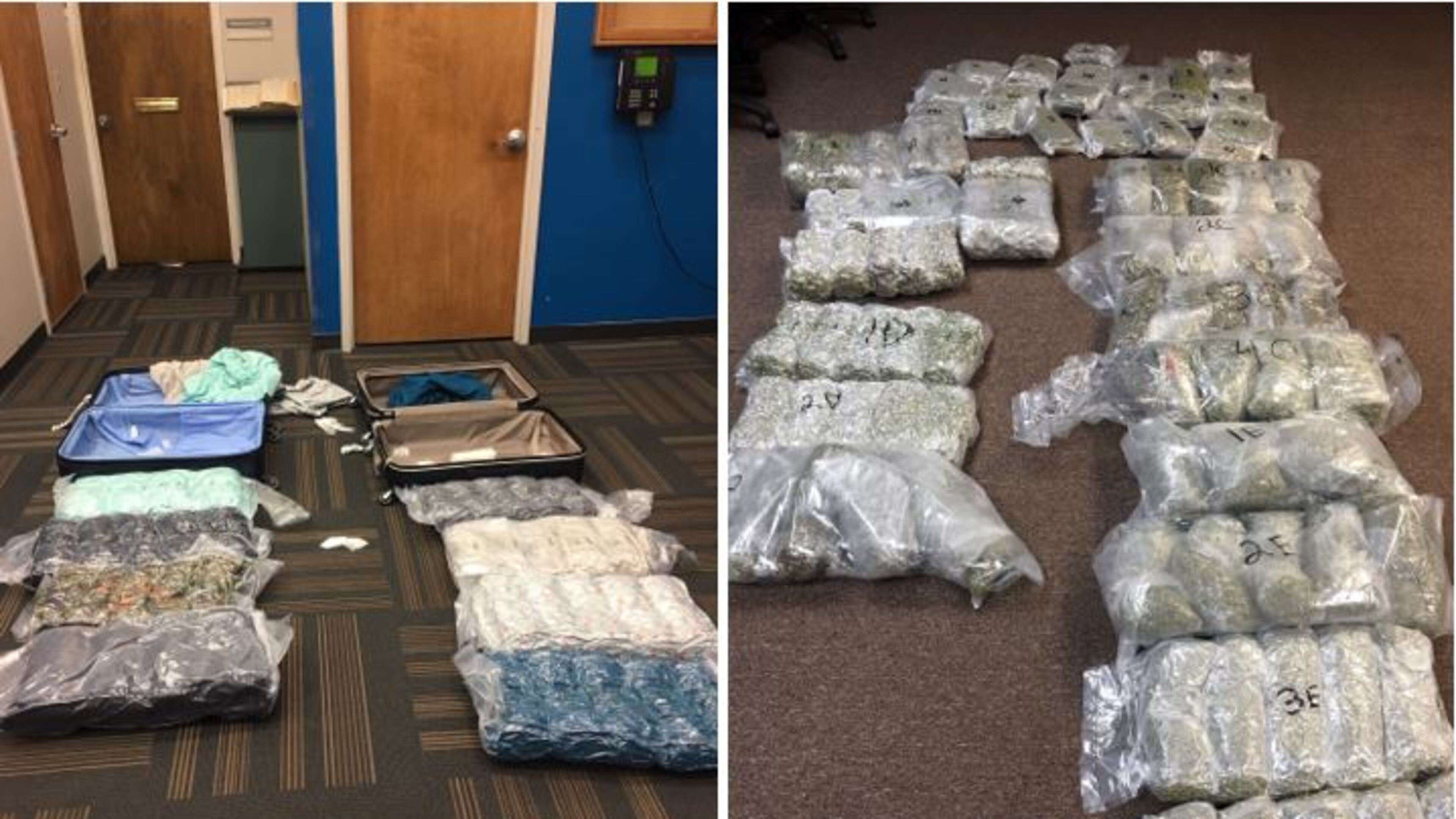 Three passengers, including two from metro Atlanta, were arrested at Hartsfield-Jackson International Airport on Sunday after authorities discovered nearly 100 pounds of marijuana in their luggage, the GBI said.