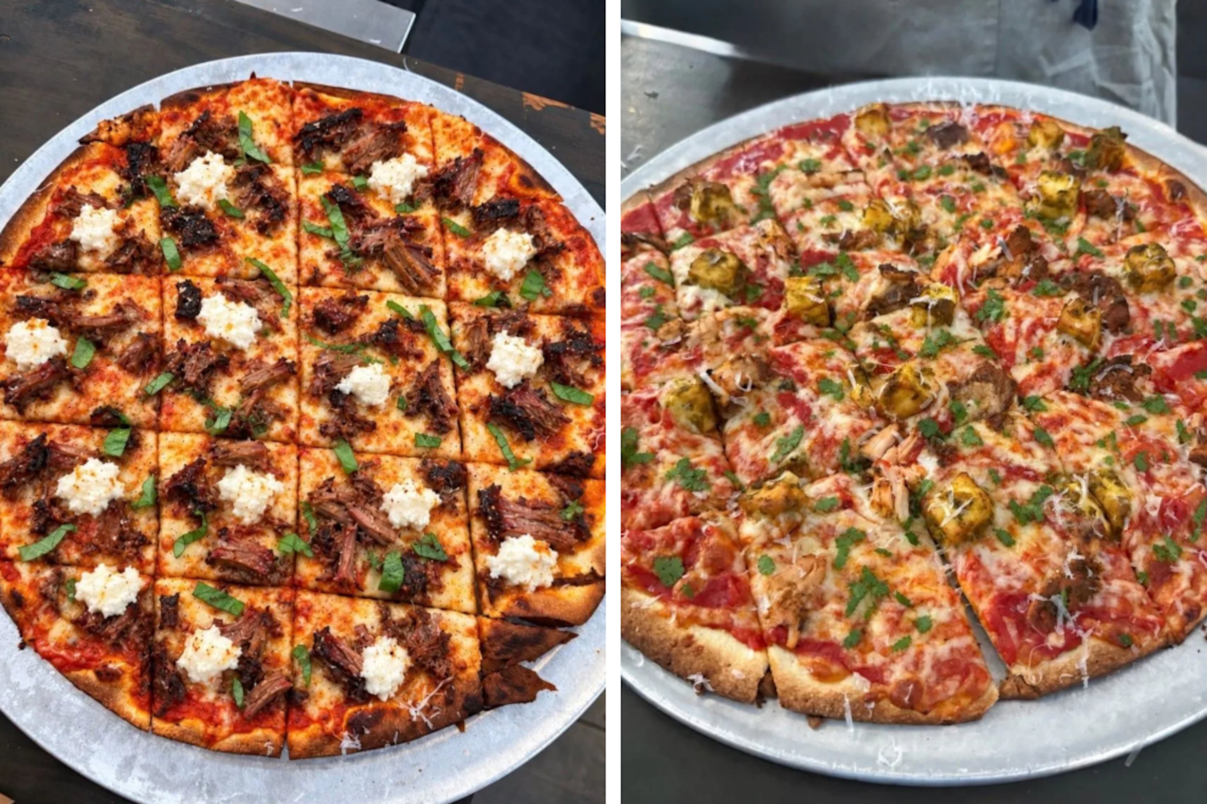 Dhaba BBQ and Bertolozi’s brisket tikka masala pizza (left) and tandoori chicken and paneer pizza. (Courtesy of Jay Patel)