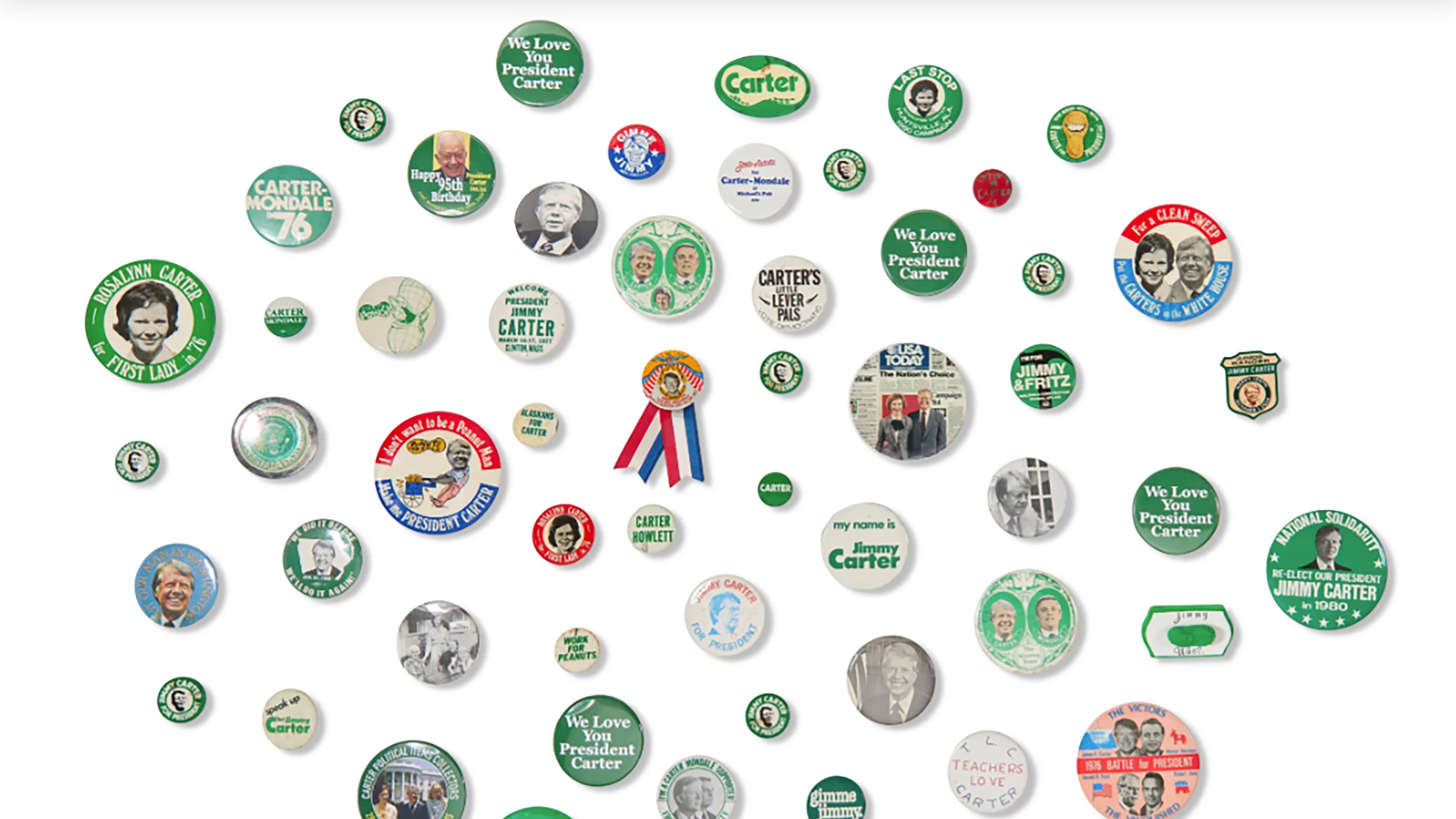 Some of Jimmy Carter's political campaign buttons are among the items Christie’s auction house will sell in January in honor of the 250th anniversary of America’s Declaration of Independence. (CHRISTIE’S IMAGES LTD. 2025)