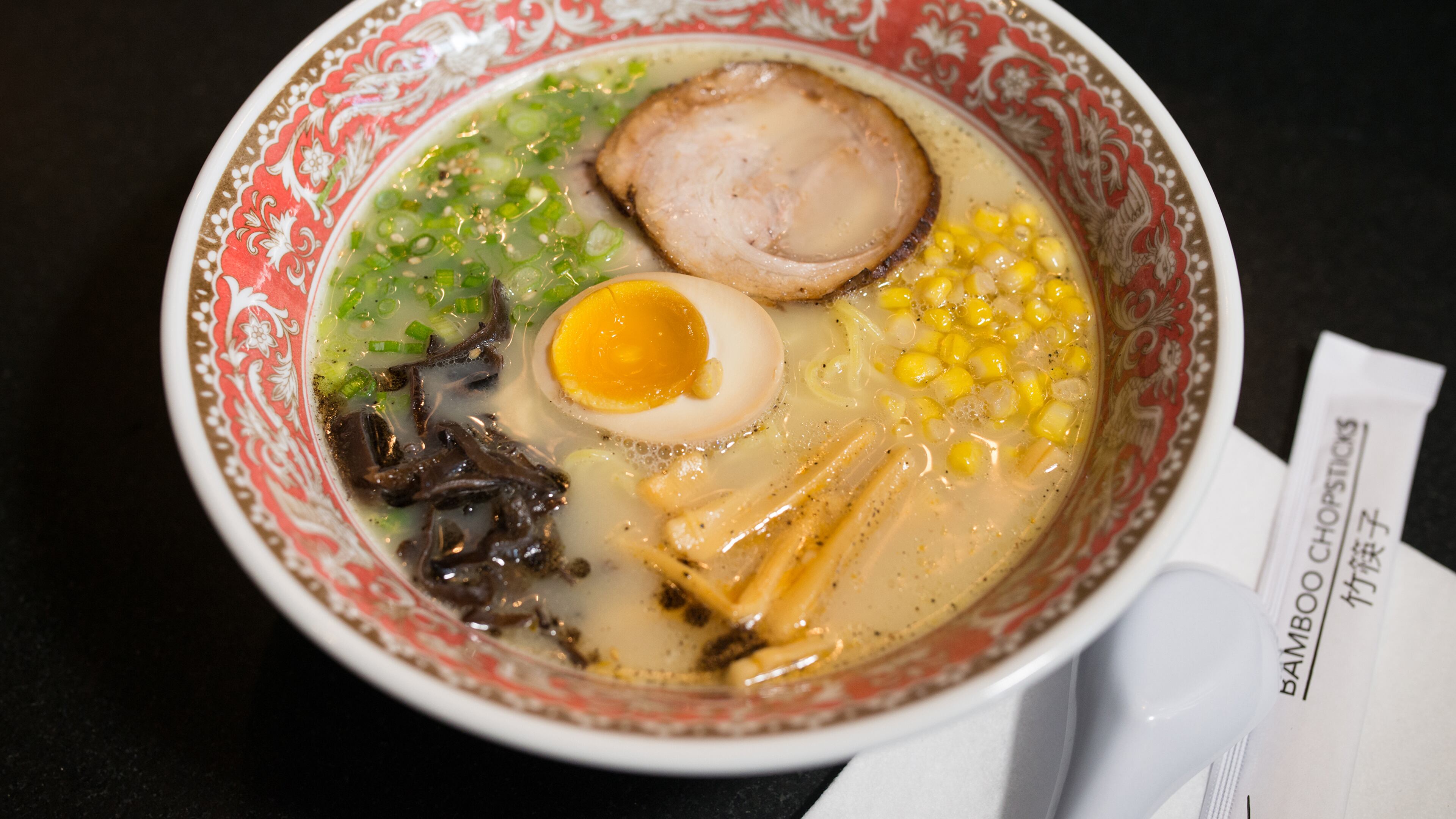 Among the succulents in the Hakata Tonkotsu Classic at Ton Ton are wood-ear mushrooms, scallions, butter garlic corn and, of course, ramen noodles. PHOTO CREDIT: Mia Yakel