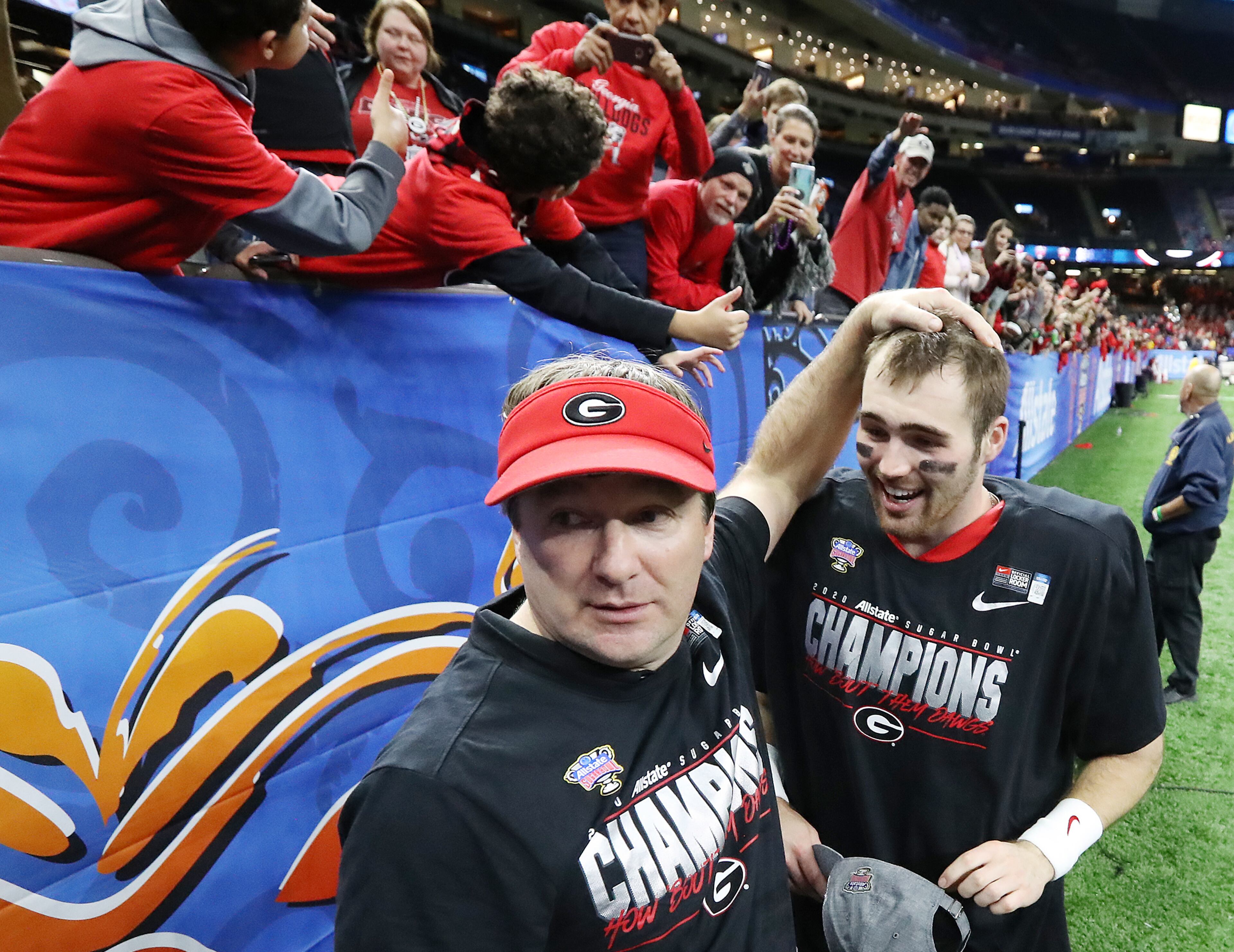 Georgia head coach Kriby Smart and quarterback Jake Fromm celebrate the 26-14 victory over Baylor in the Sugar Bowl Wednesday, Jan. 1, 2020, at the Mercedes-Benz Superdome in New Orleans.