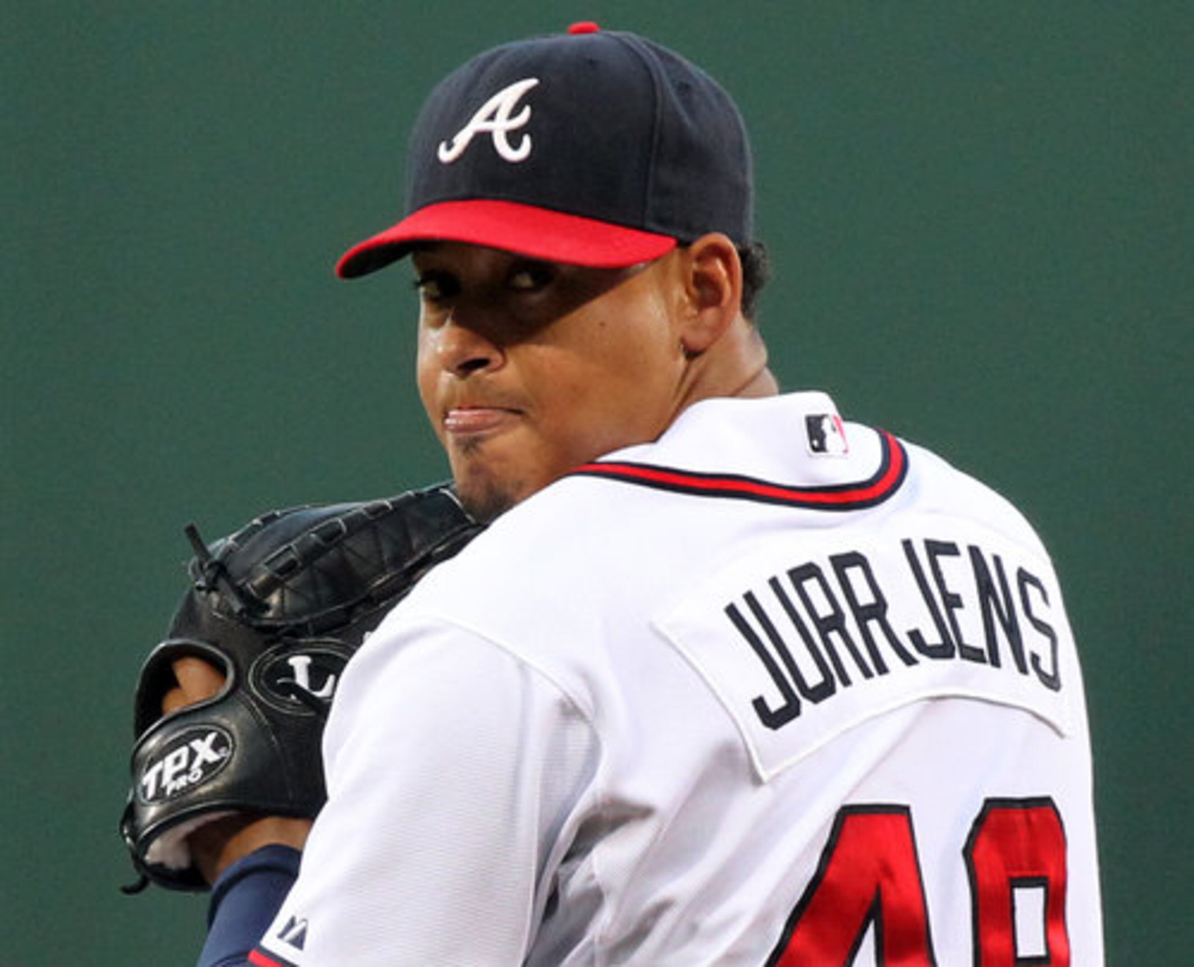 Atlanta Braves starting pitcher Jair Jurrjens, making his 92nd career start and his 20th of the season, delivers a pitch against the Washington Nationals during 1st inning action at Turner Field in Atlanta on Tuesday, Sept. 14, 2010.