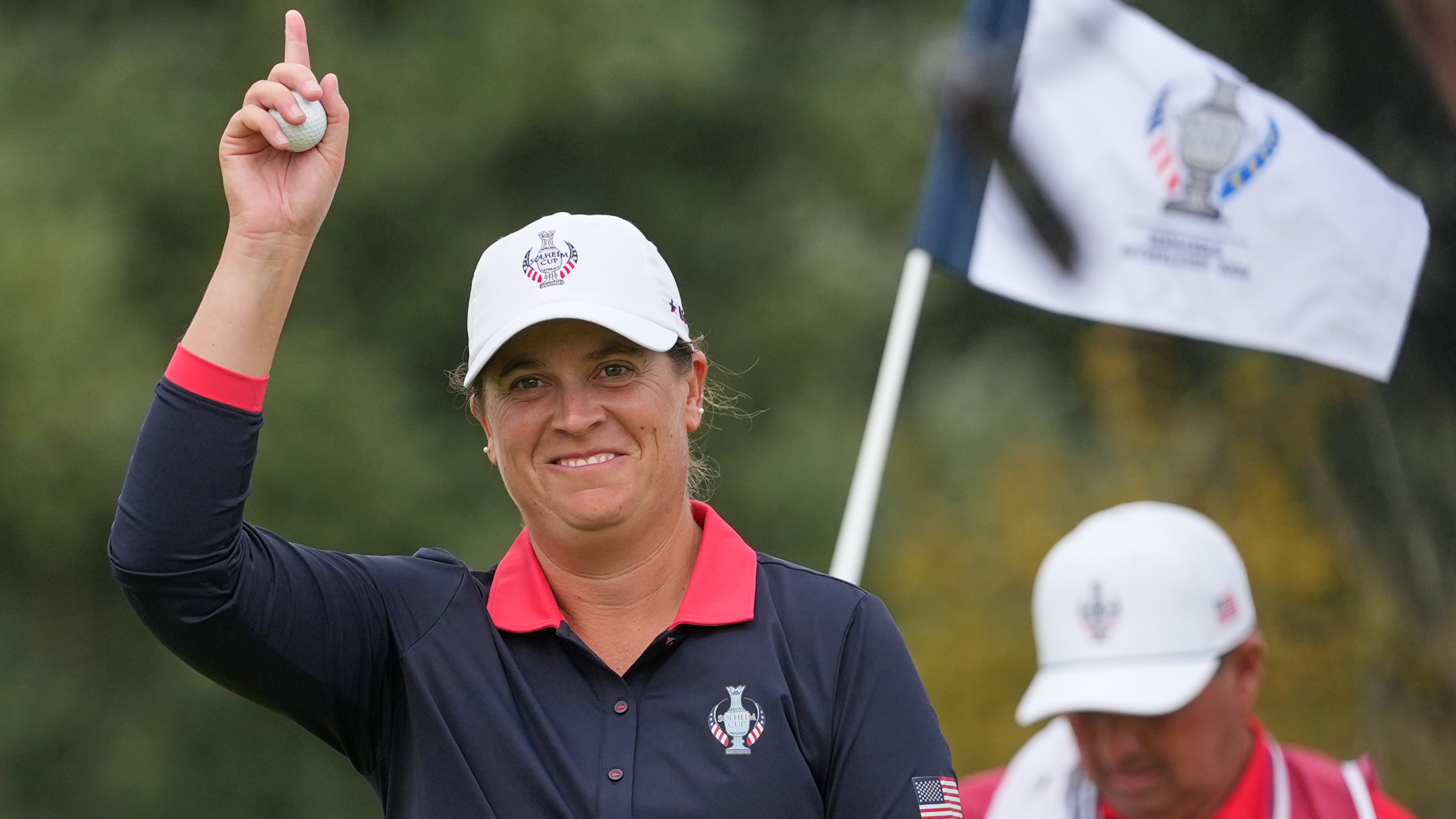 Lauren Coughlin of the United States reacts after holing a putt on the 5th green during the Solheim Cup in Den Bosch, Netherlands, Saturday, Sept. 12, 2026. (AP Photo/Alastair Grant)