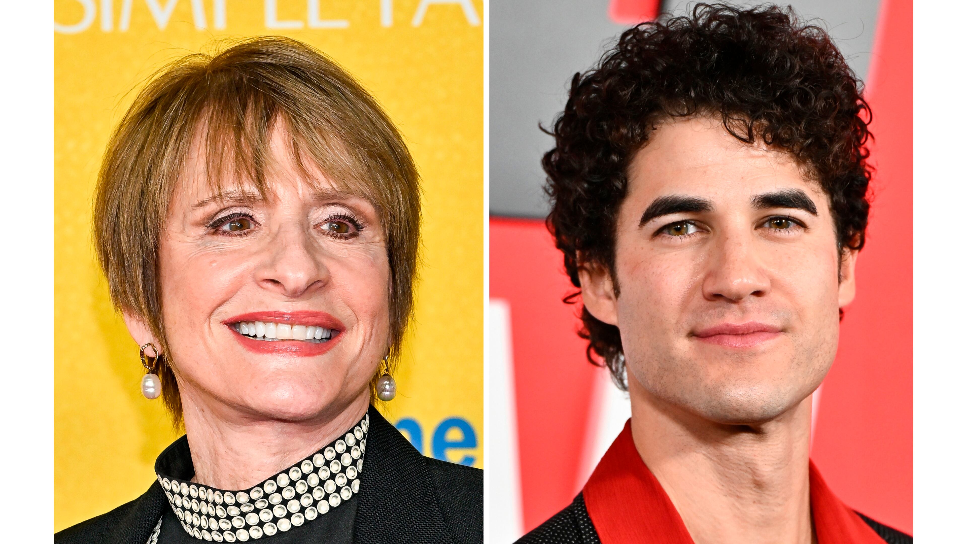 Patti LuPone appears at a screening of "Another Simple Favor" in New York on April 27, 2025, left, and Darren Criss appears at the premiere of "The Running Man" in New York on Nov. 9, 2025. (Photos by Evan Agostini/Invision/AP)