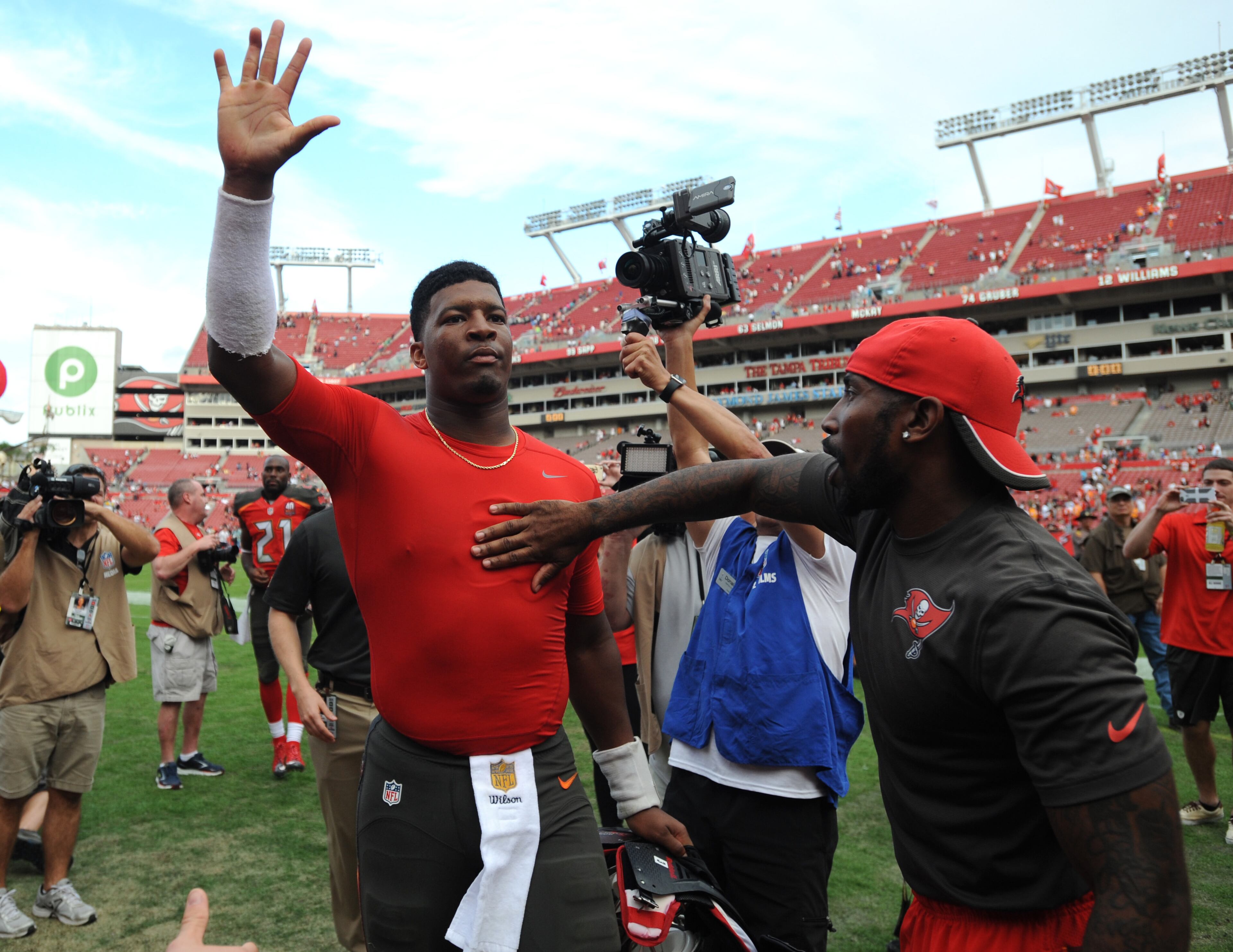 TAMPA, FL - DECEMBER 6: Quarterback Jameis Winston #3 of the Tampa Bay Buccaneers comes off the field after their victory over the Atlanta Falcons 23-19 at Raymond James Stadium on December 6, 2015 in Tampa, Florida. (Photo by Cliff McBride/Getty Images)