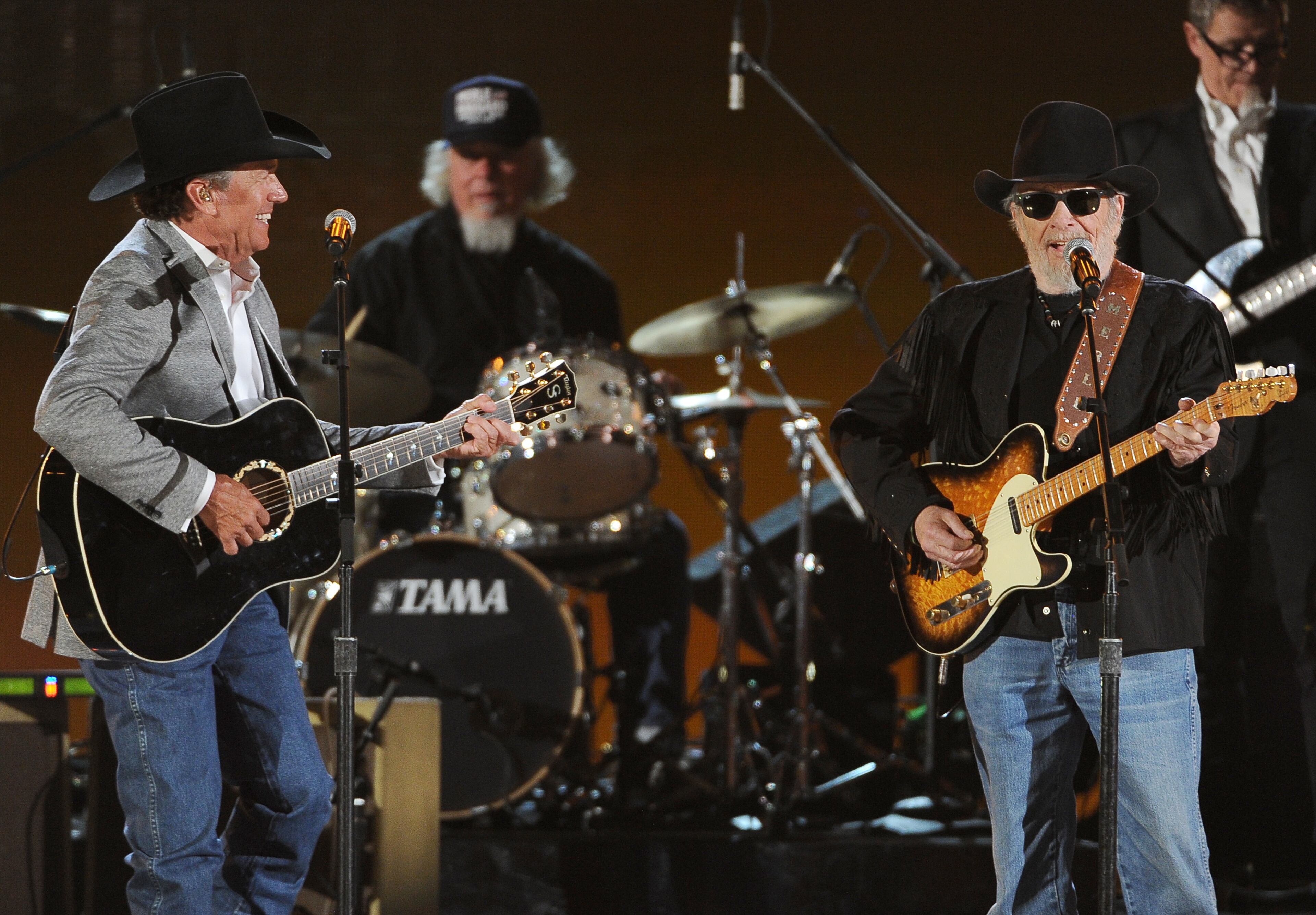 George Strait, left, and Merle Haggard perform on stage at ACM Presents an All-Star Salute to the Troops on Monday, April 7, 2014, in Las Vegas. (Photo by Chris Pizzello/Invision/AP)